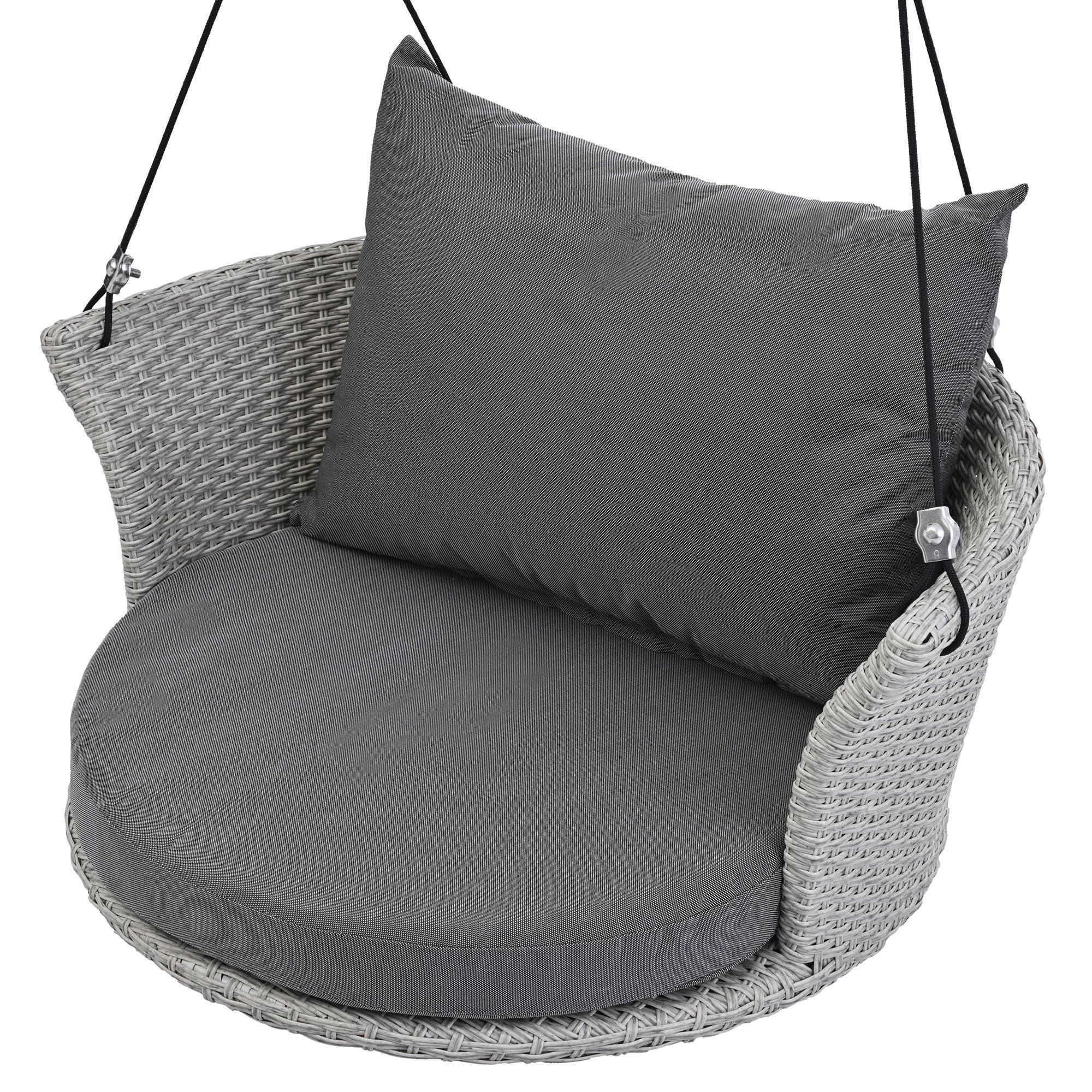 Single Person Rattan Woven Swing Hanging Seat With Ropes, Gray Wicker and Gray Cushion