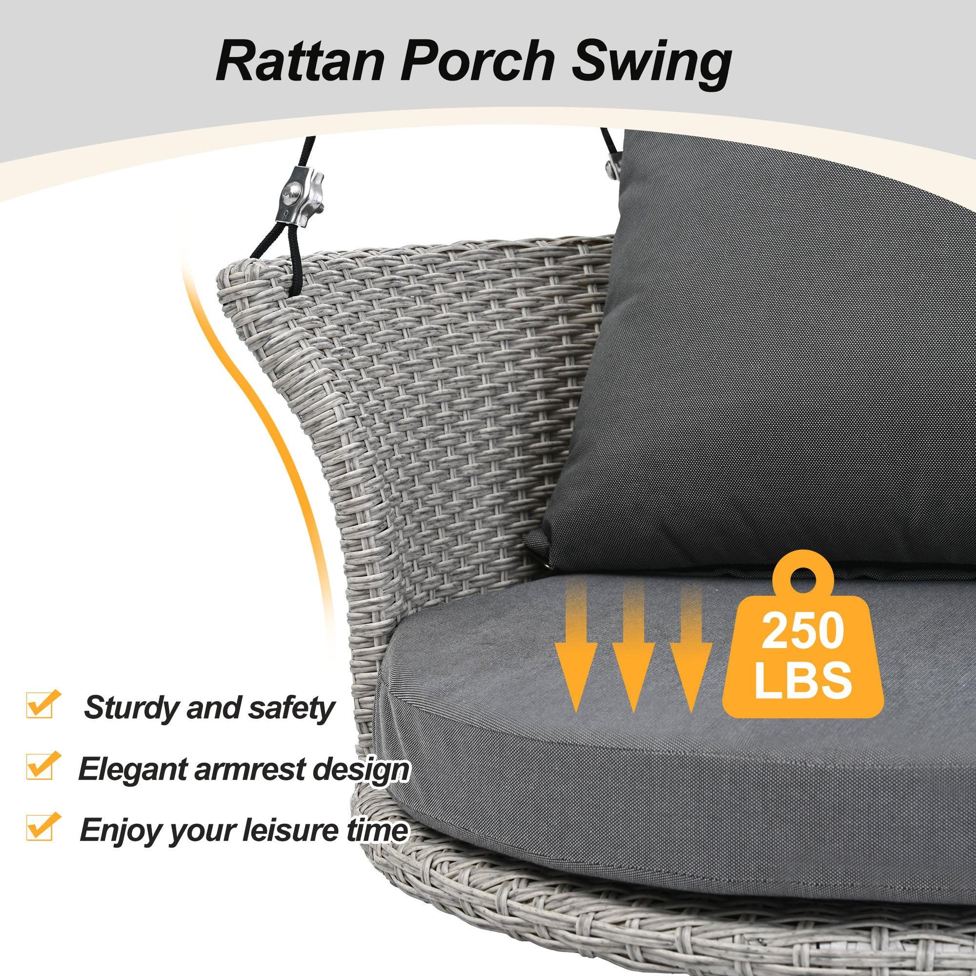 Single Person Rattan Woven Swing Hanging Seat With Ropes, Gray Wicker and Gray Cushion