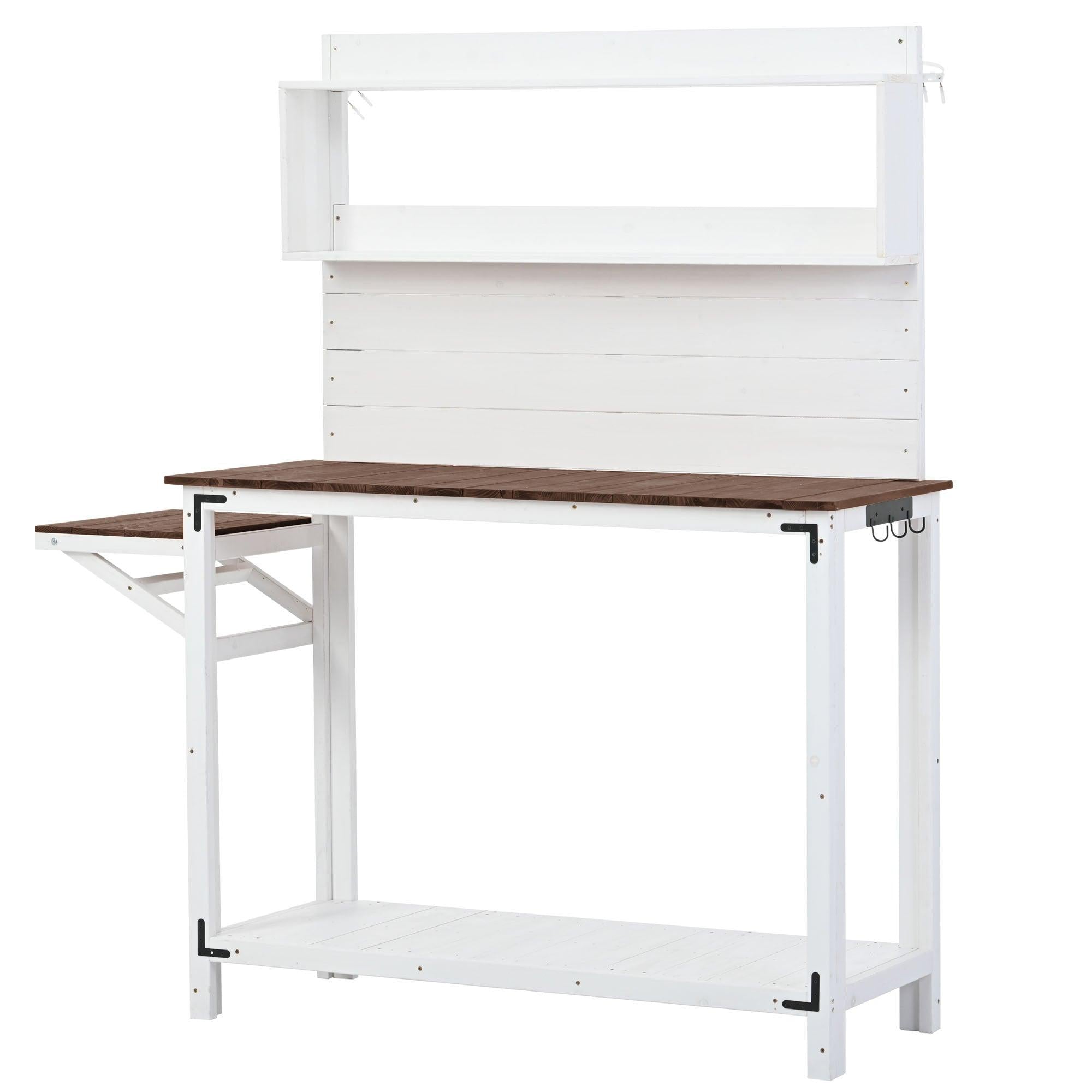 65inch Garden Wood Workstation Backyard Potting Bench Table with Shelves, Side Hook and Foldable Side Table - White