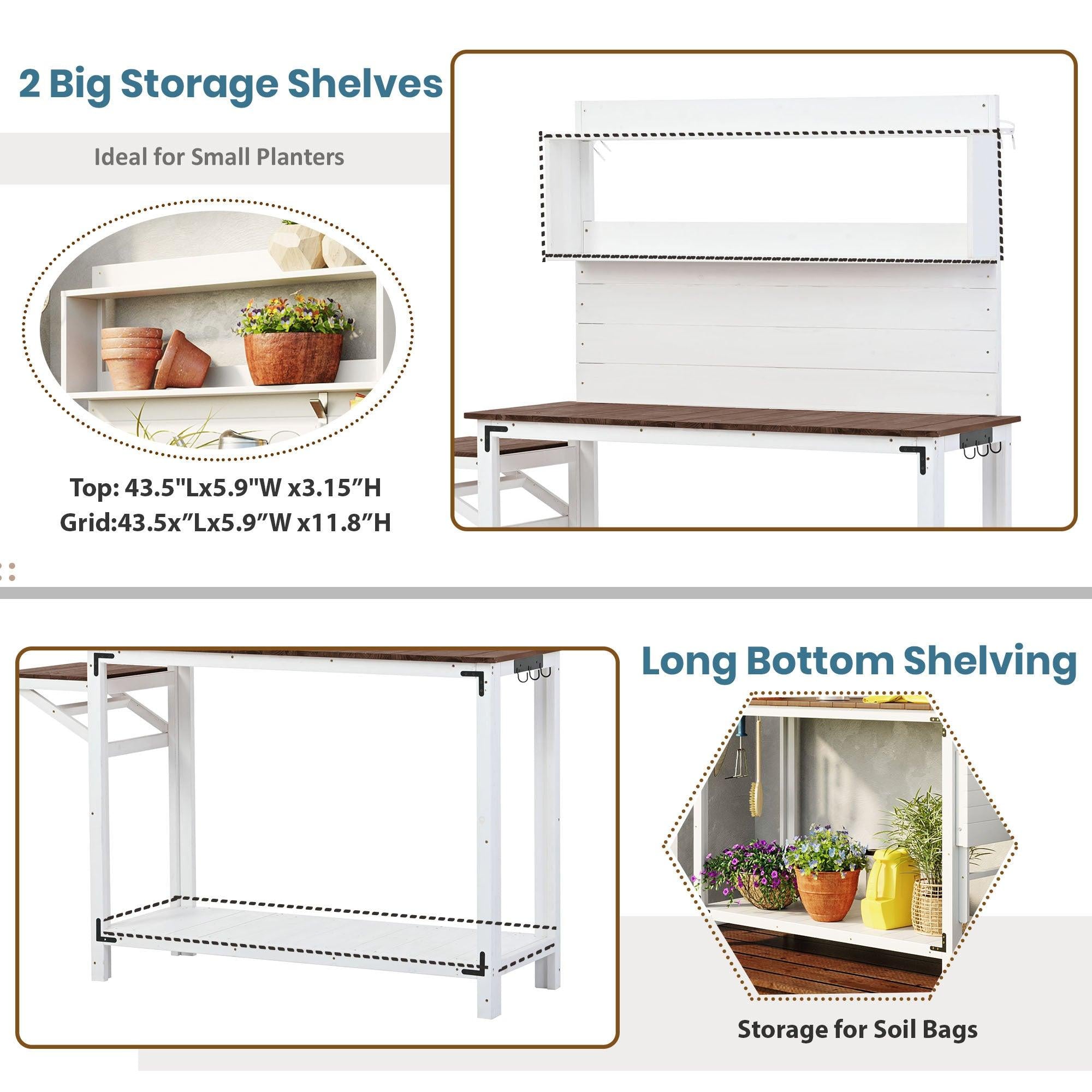 65inch Garden Wood Workstation Backyard Potting Bench Table with Shelves, Side Hook and Foldable Side Table - White