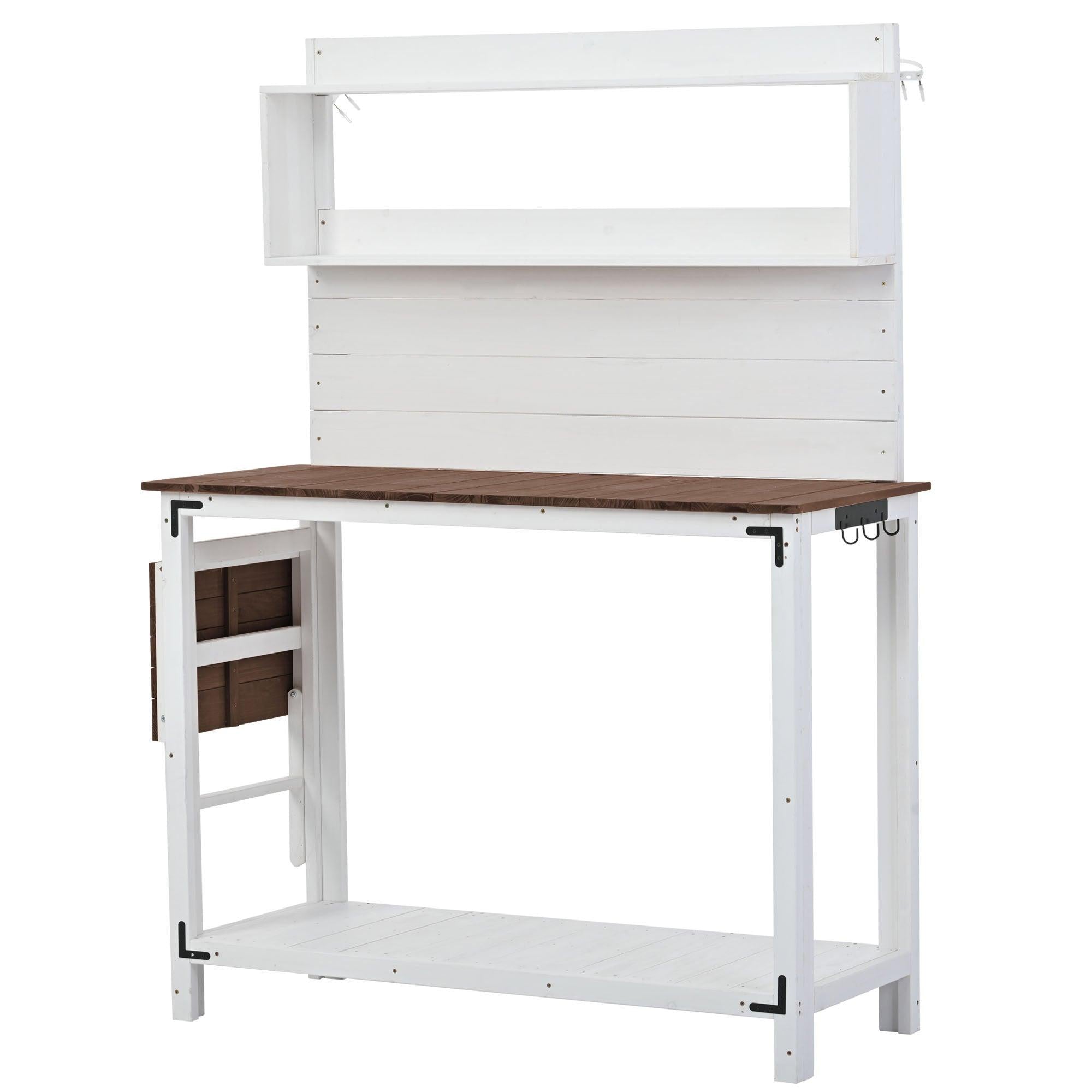 65inch Garden Wood Workstation Backyard Potting Bench Table with Shelves, Side Hook and Foldable Side Table - White