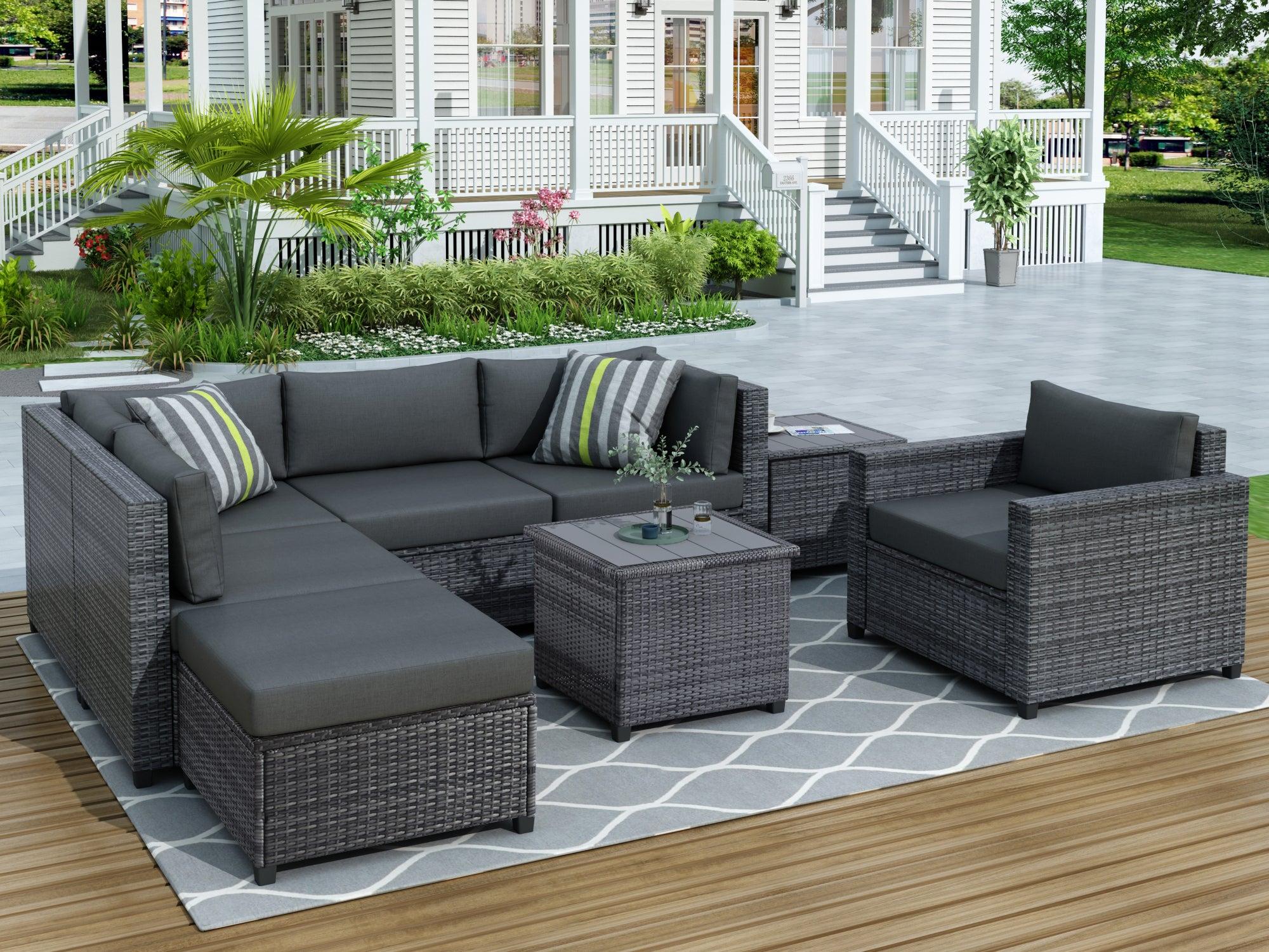 8 PCS Outdoor Patio Rattan Sectional Seating Group with Gray Cushions