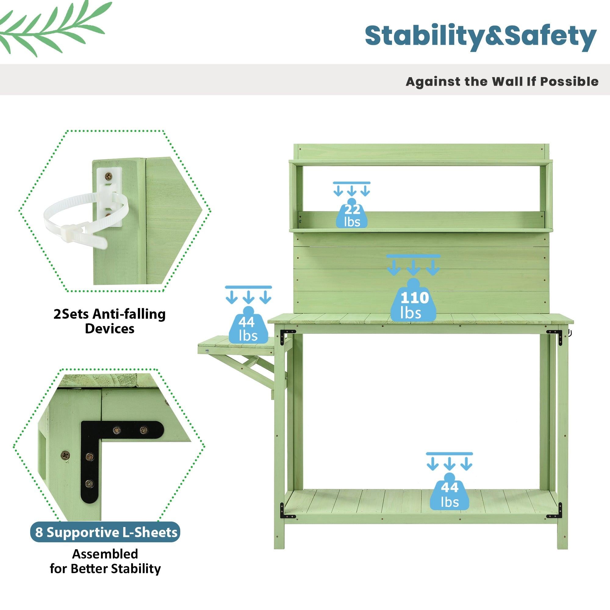 65inch Garden Wood Workstation Backyard Potting Bench Table with Shelves, Side Hook and Foldable Side Table - Green