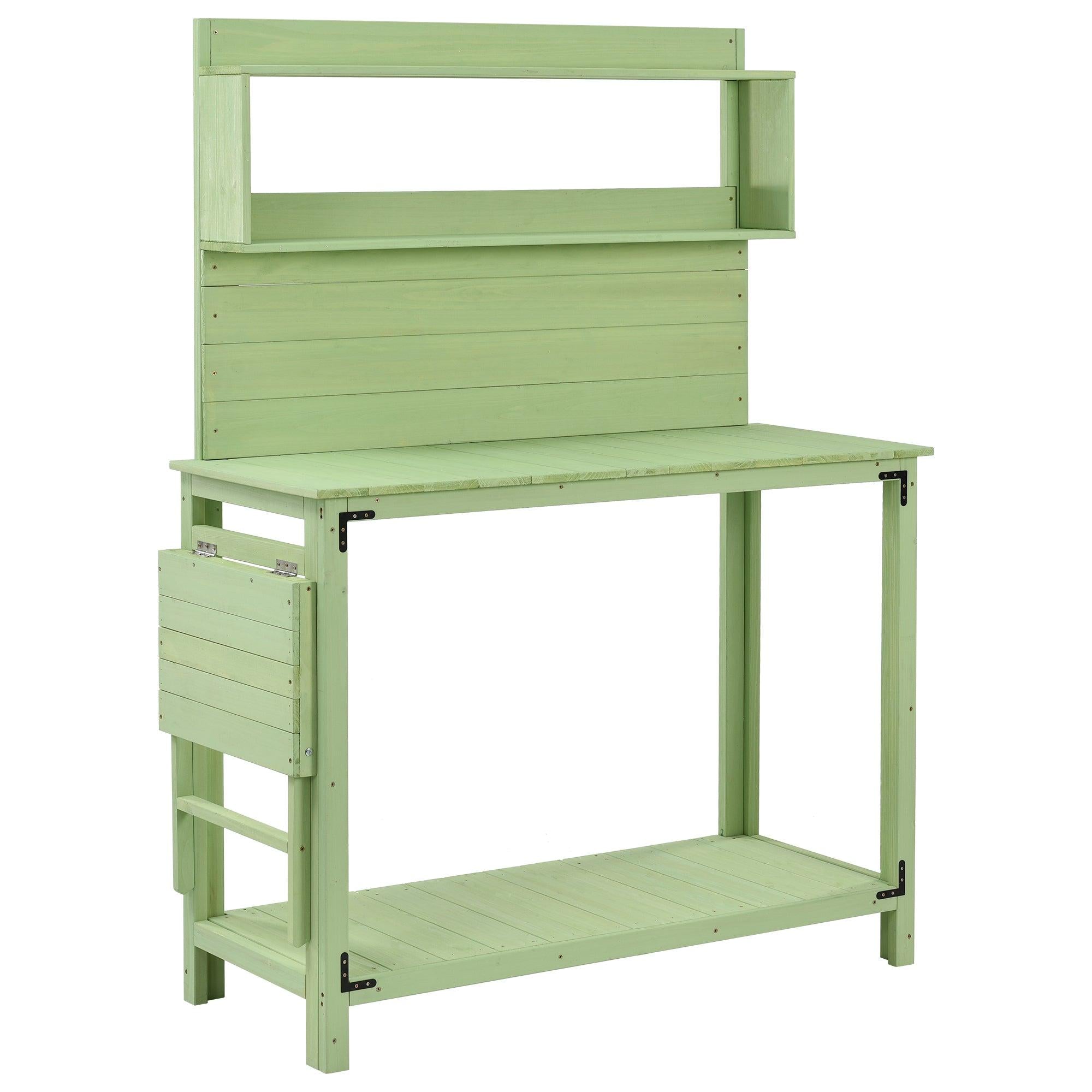 65inch Garden Wood Workstation Backyard Potting Bench Table with Shelves, Side Hook and Foldable Side Table - Green