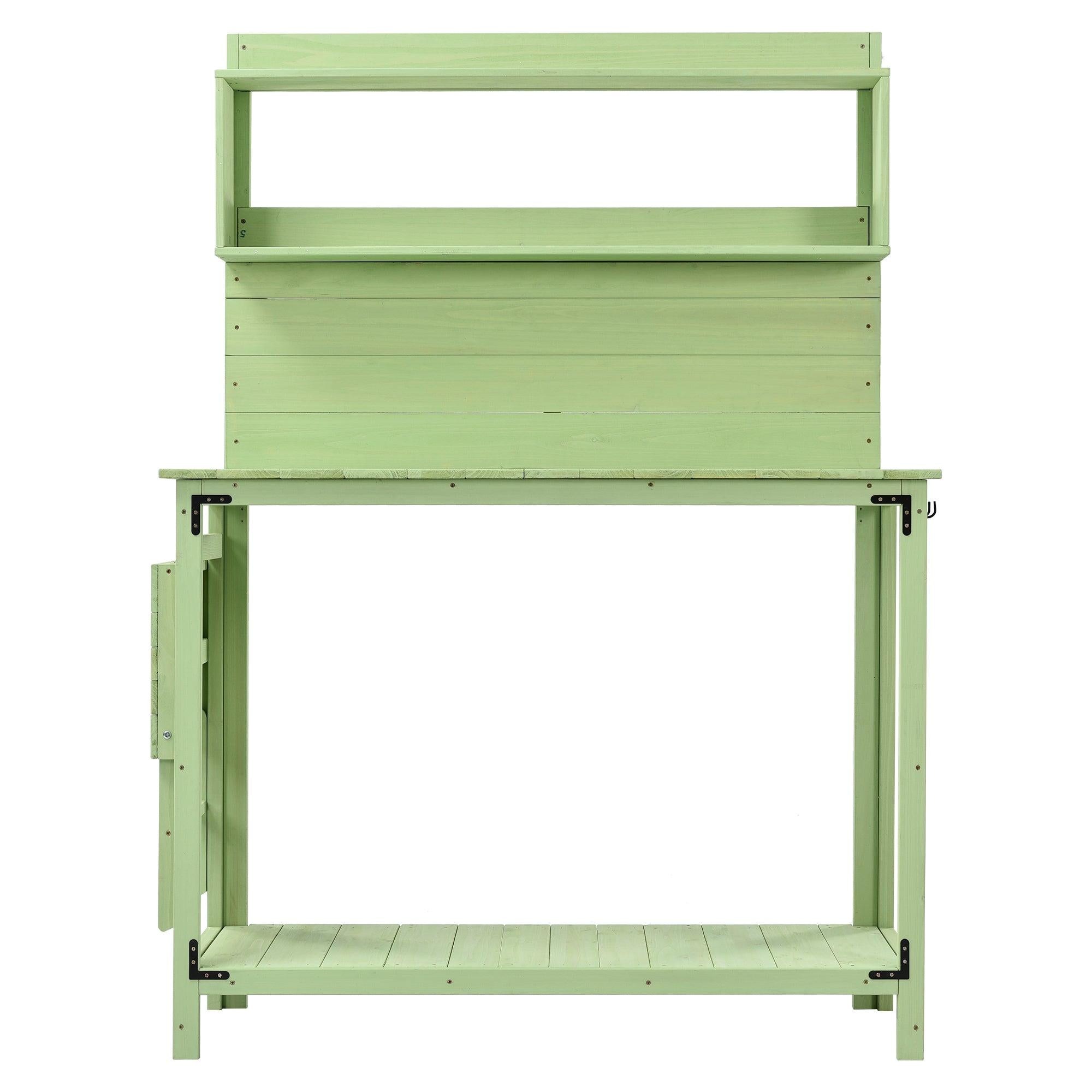 65inch Garden Wood Workstation Backyard Potting Bench Table with Shelves, Side Hook and Foldable Side Table - Green