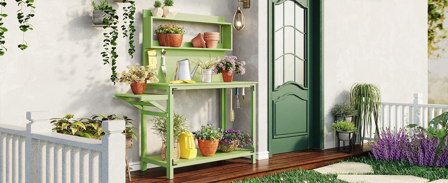 65inch Garden Wood Workstation Backyard Potting Bench Table with Shelves, Side Hook and Foldable Side Table - Green