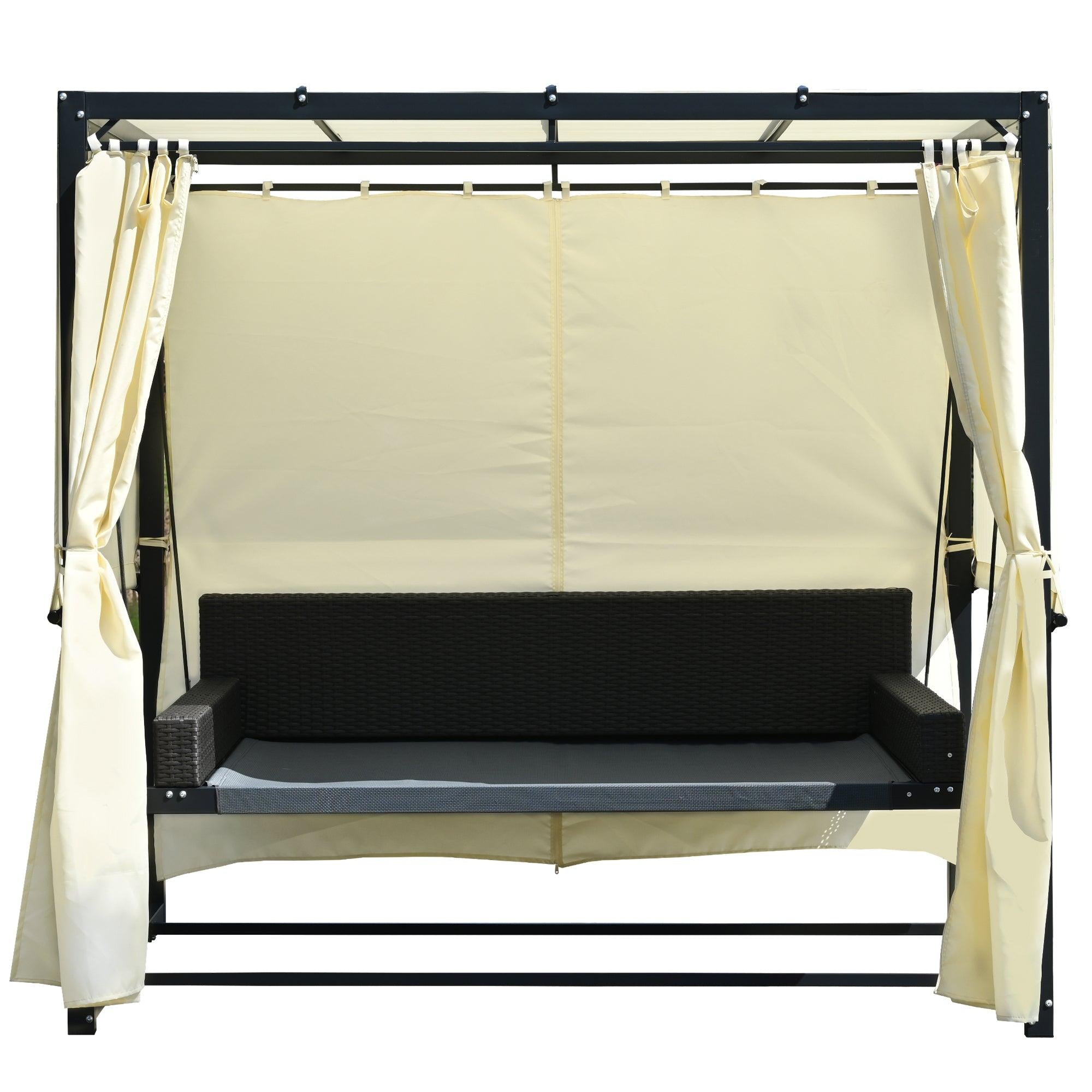 Outdoor Swing Bed with Beige Curtain and Beige Cushion