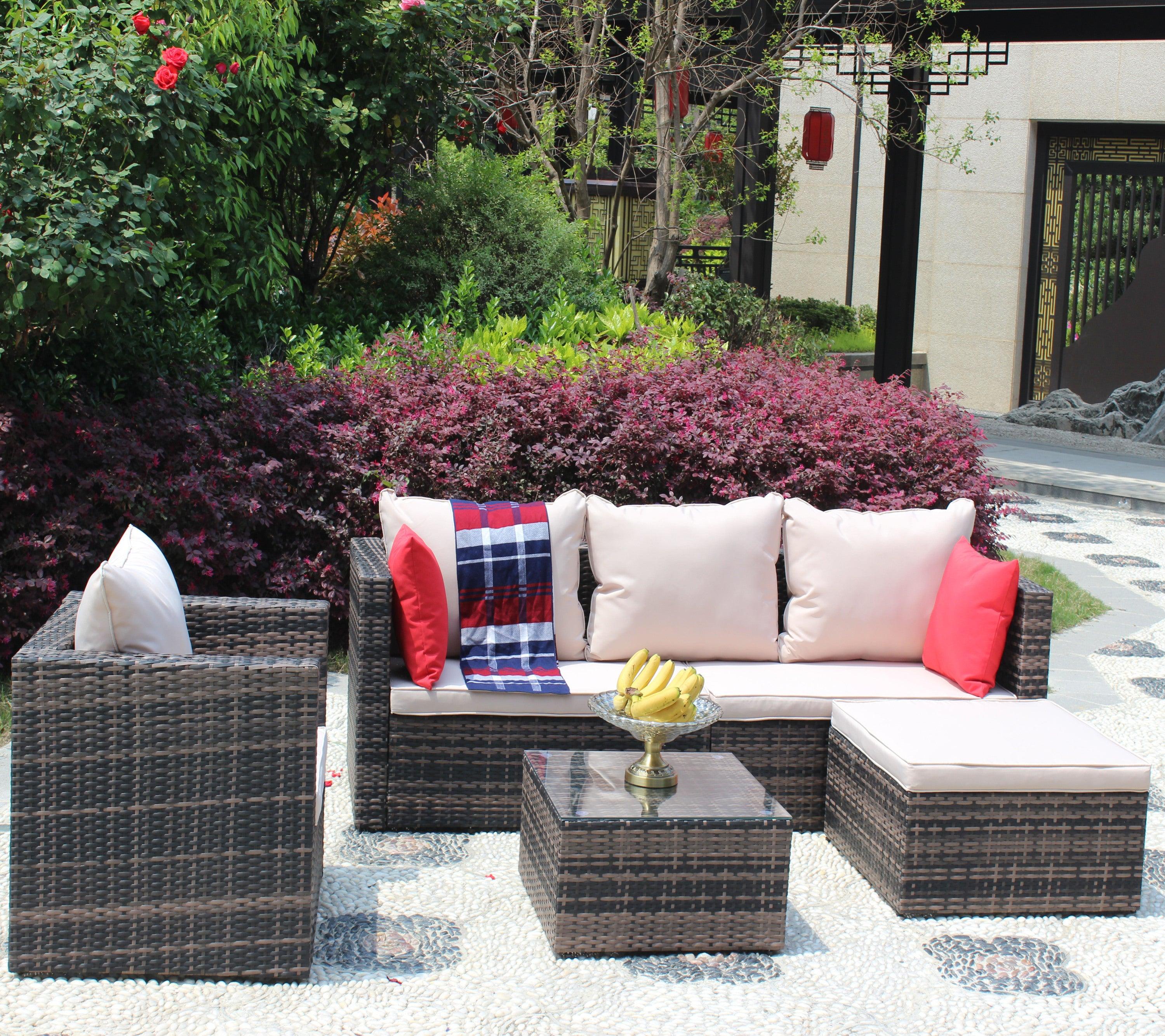 4 PCS Outdoor Patio Rattan Wicker Furniture Sofa Set Durable Cushions