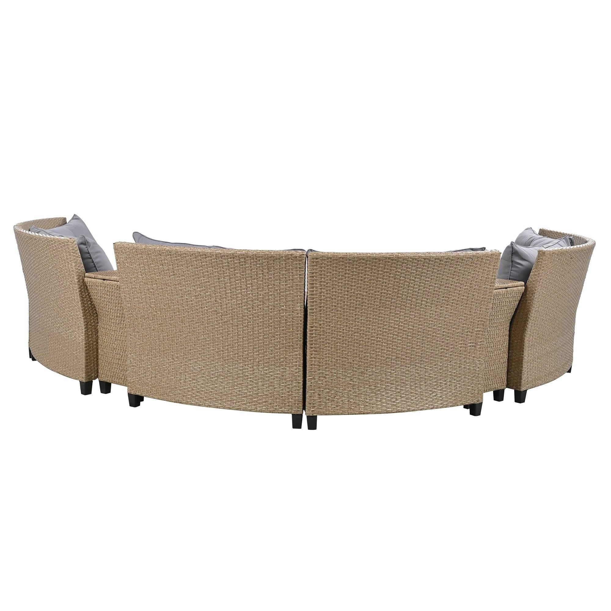 6-Person Fan-shaped Brown Rattan Suit with Gray Cushions and Coffee Table