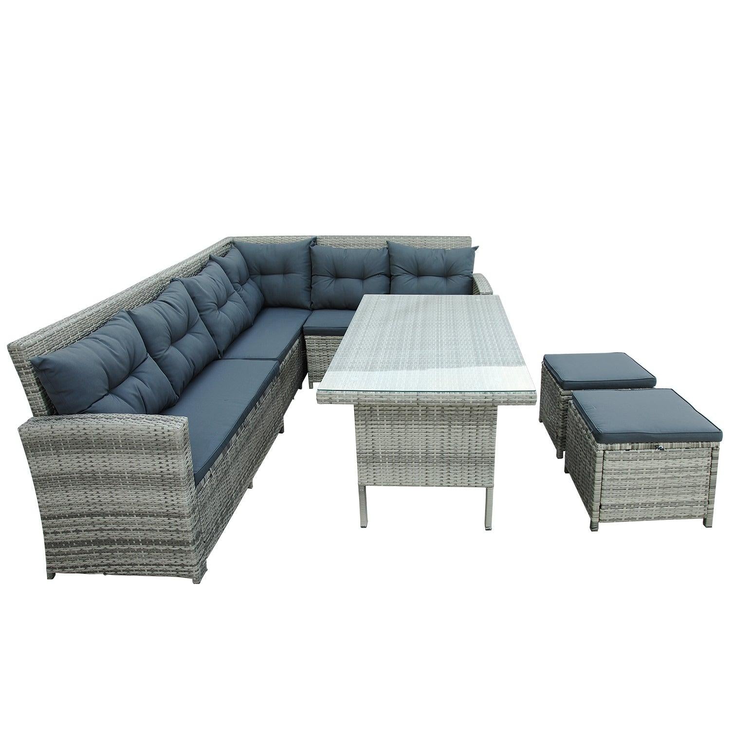 6 PCS Patio Furniture Set Outdoor Sectional Sofa with Glass Table, Ottomans - Gray