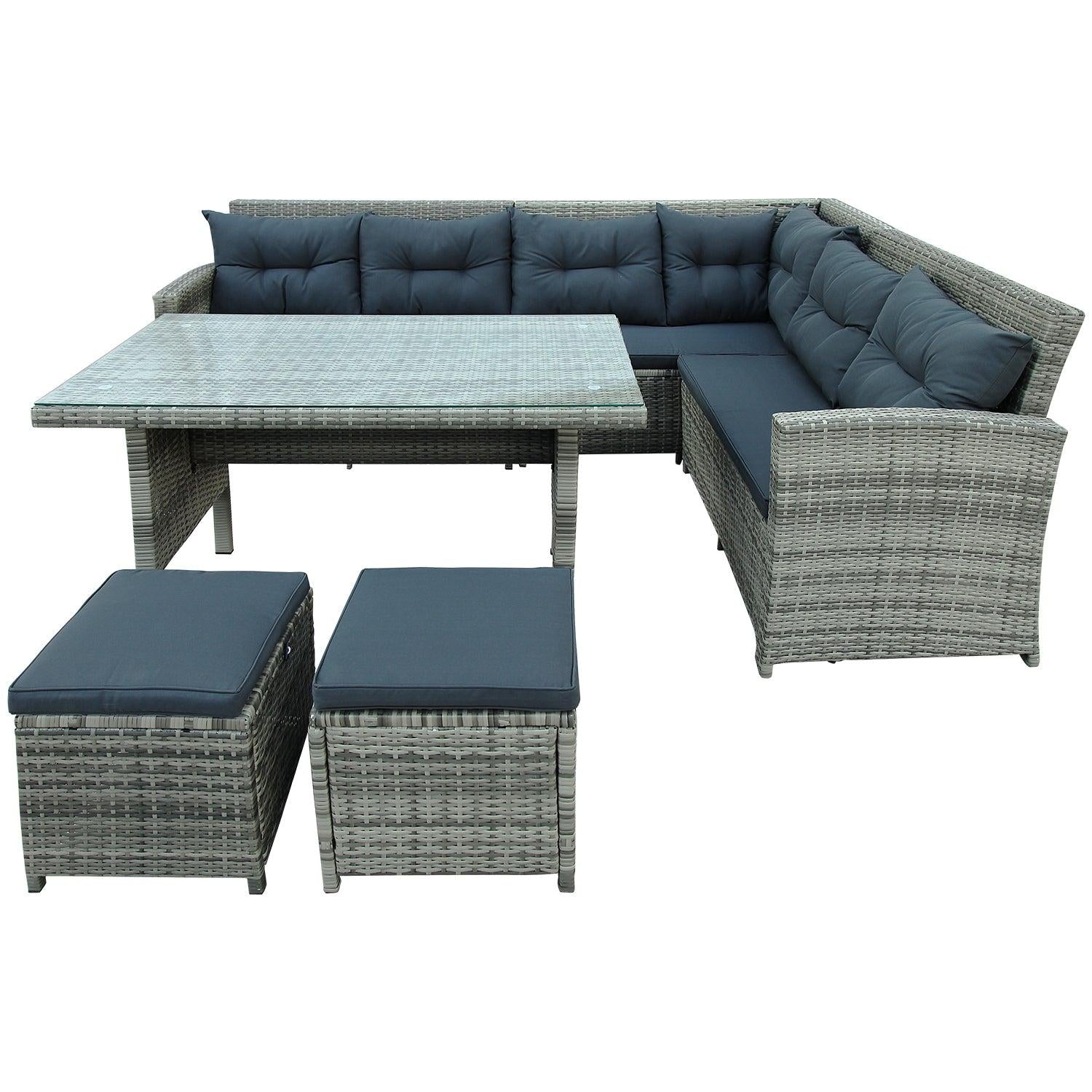 6 PCS Patio Furniture Set Outdoor Sectional Sofa with Glass Table, Ottomans - Gray