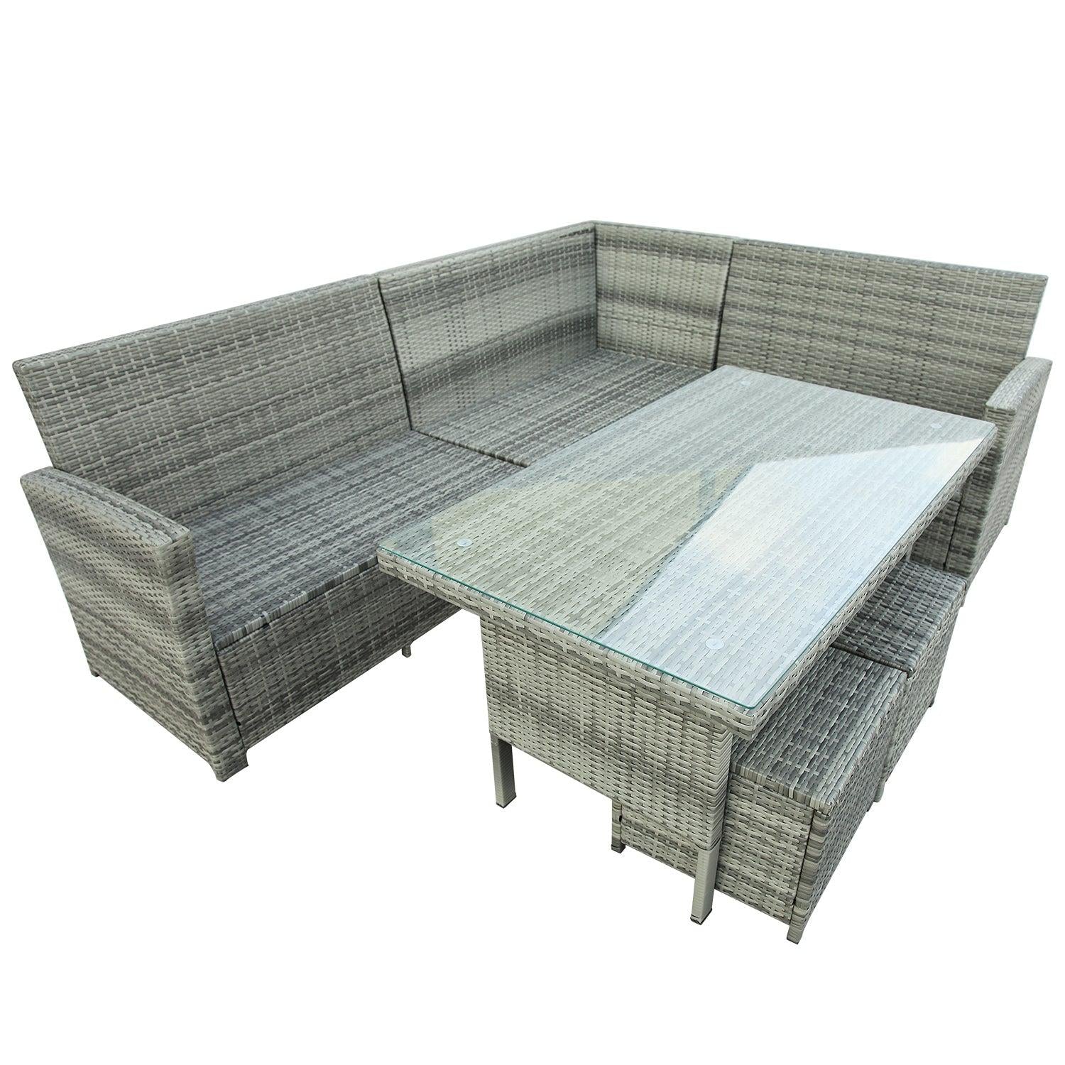 6 PCS Patio Furniture Set Outdoor Sectional Sofa with Glass Table, Ottomans - Gray