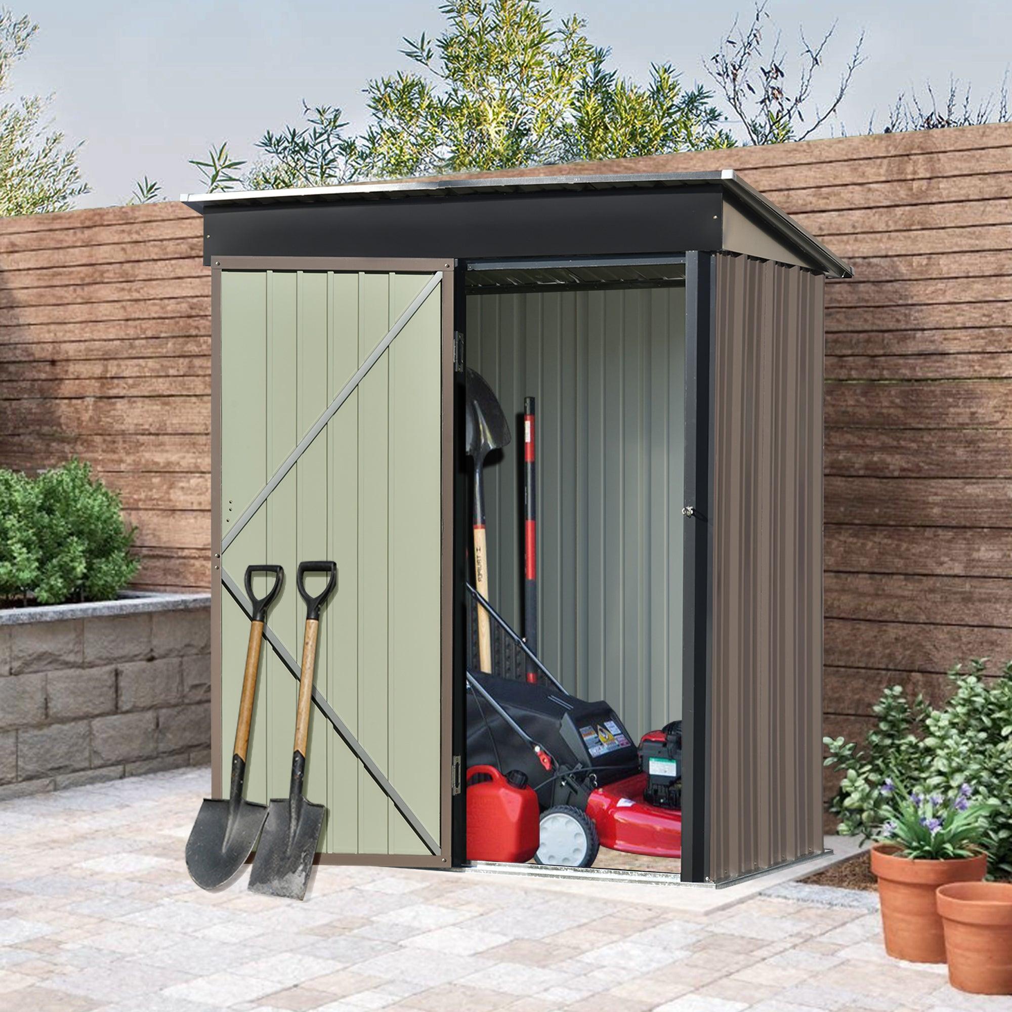 5ft x 3ft Outdoor Garden Metal Lean-to Shed with Lockable Door - Brown image