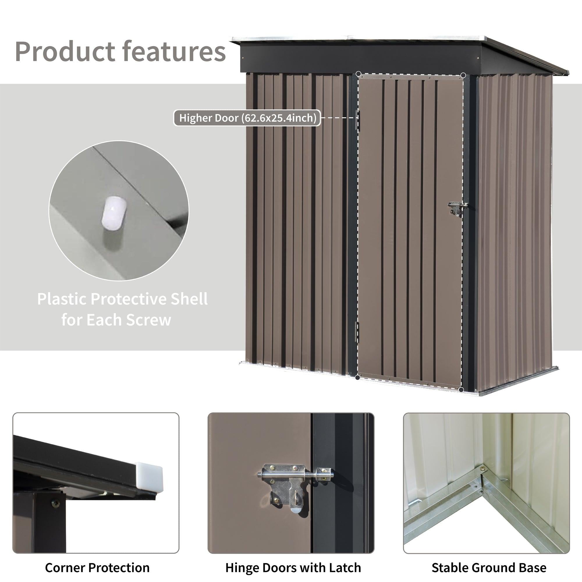 5ft x 3ft Outdoor Garden Metal Lean-to Shed with Lockable Door - Brown