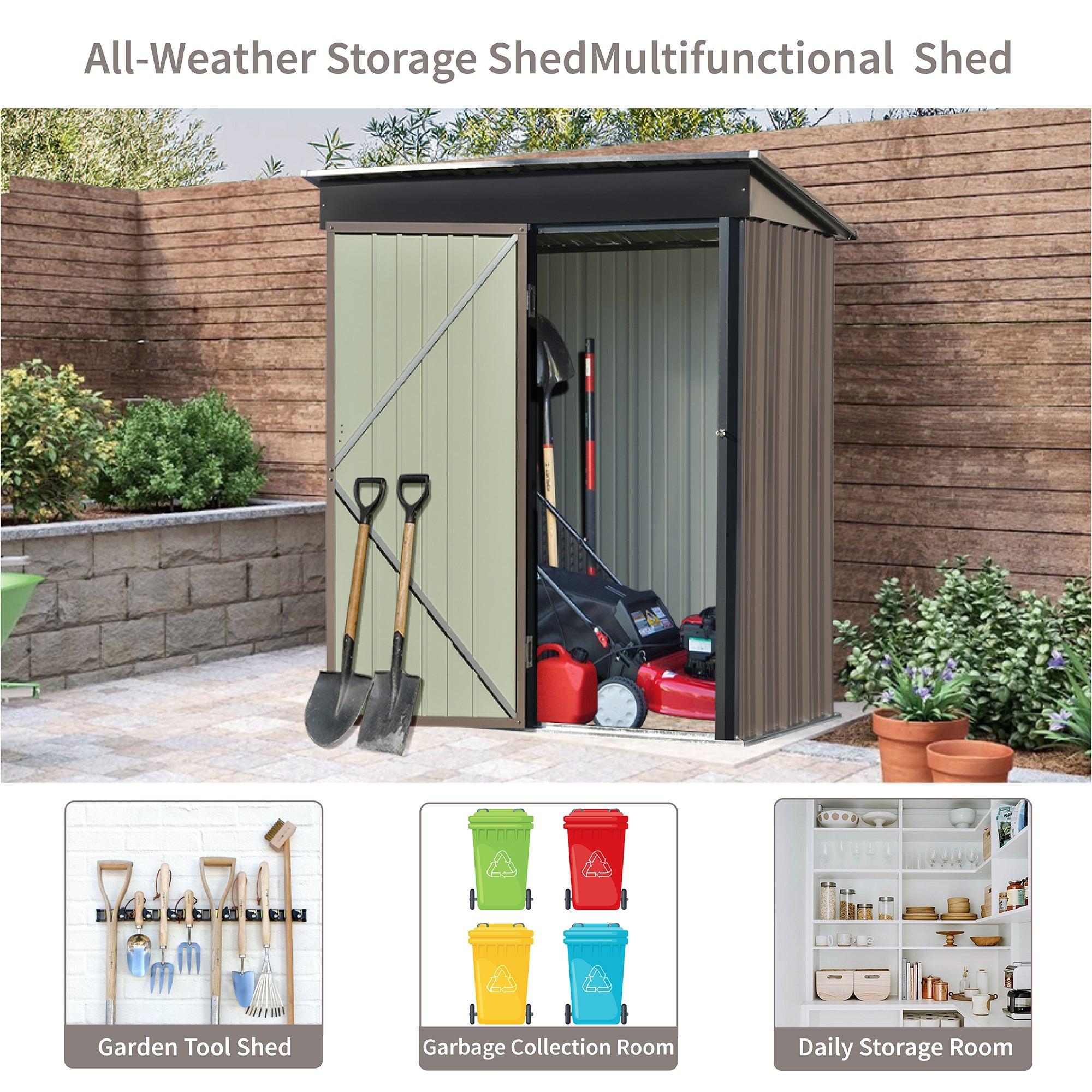 5ft x 3ft Outdoor Garden Metal Lean-to Shed with Lockable Door - Brown