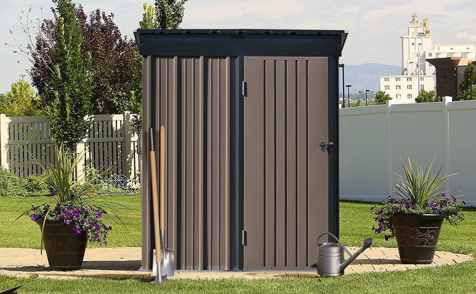 5ft x 3ft Outdoor Garden Metal Lean-to Shed with Lockable Door - Brown