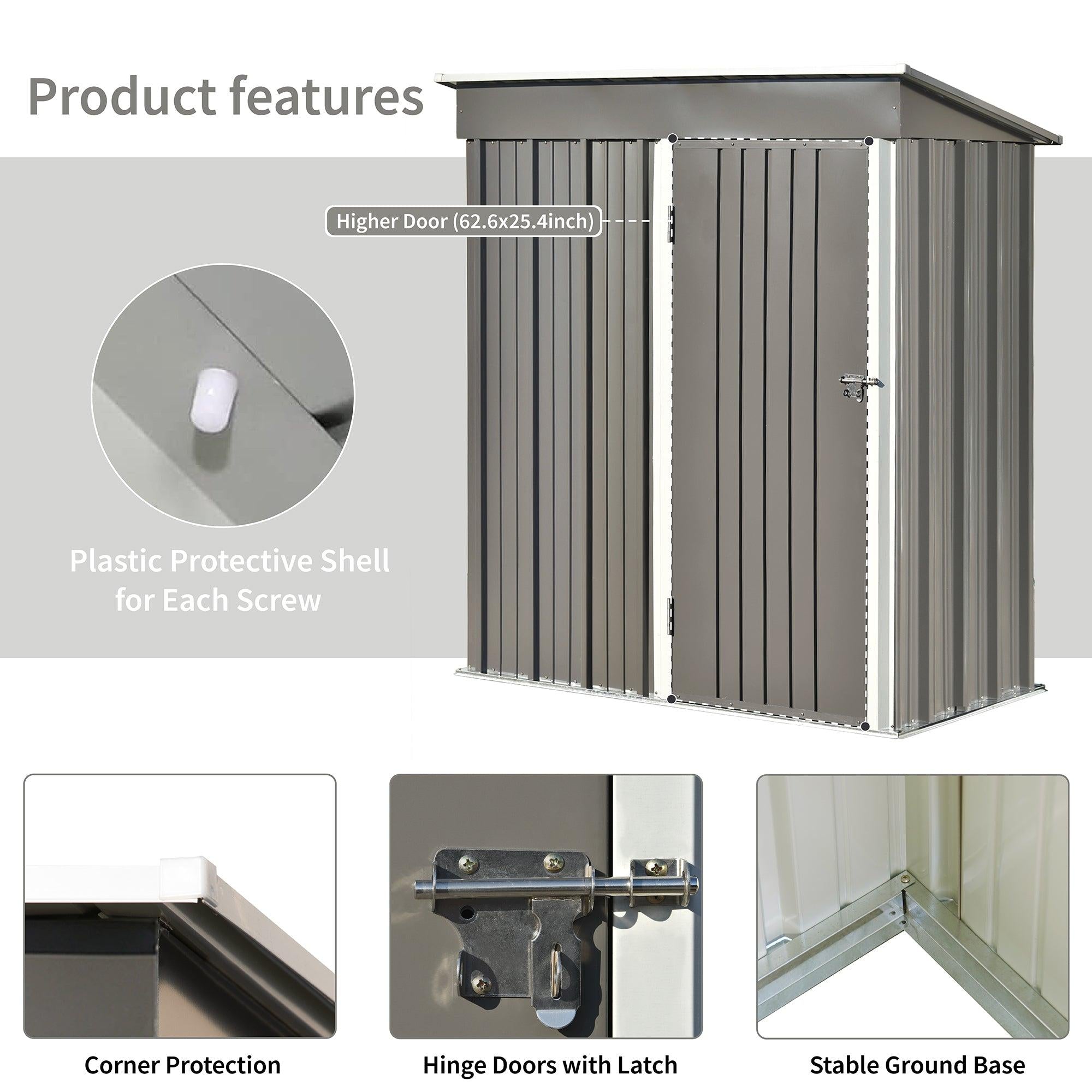 5ft x 3ft Outdoor Garden Metal Lean-to Shed with Lockable Door - Gray