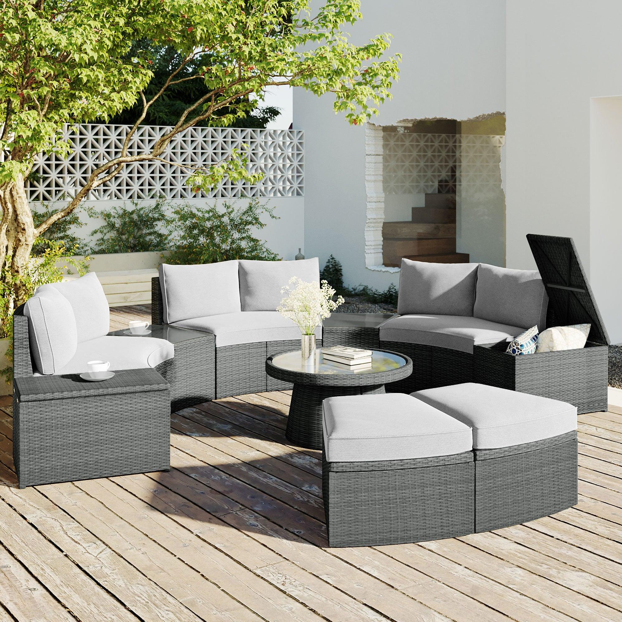 10 PCS Outdoor Patio Rattan Sectional Half Round Sofa Set withStorage Box and Light Gray Cushion