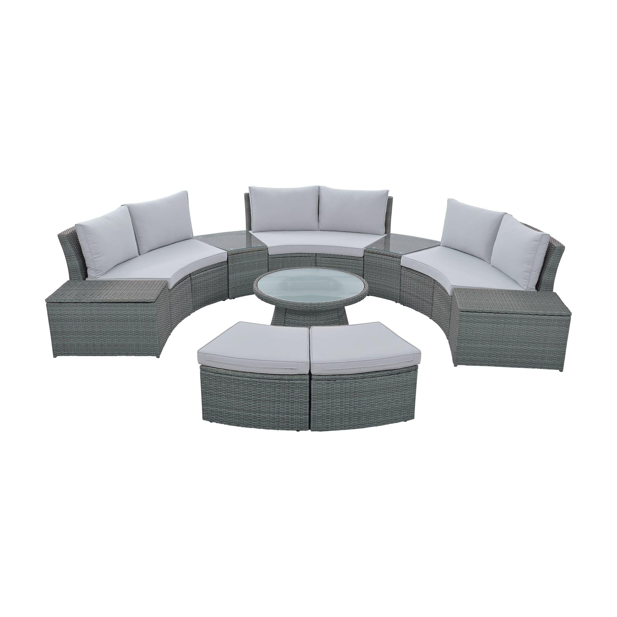 10 PCS Outdoor Patio Rattan Sectional Half Round Sofa Set withStorage Box and Light Gray Cushion