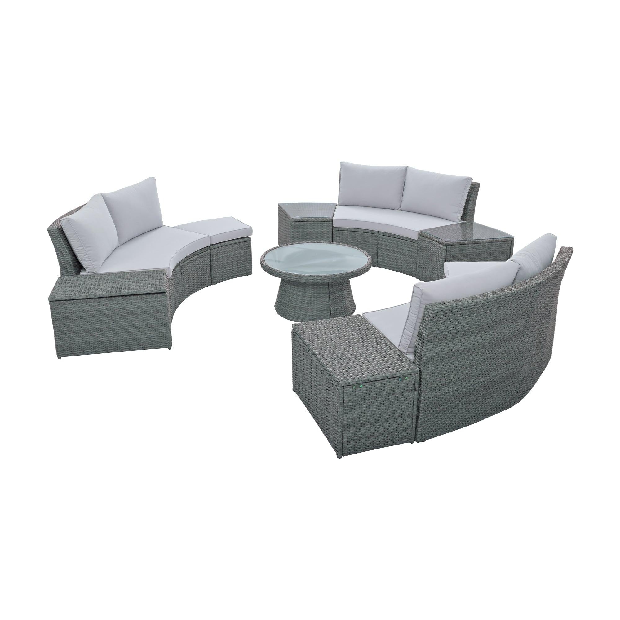 10 PCS Outdoor Patio Rattan Sectional Half Round Sofa Set withStorage Box and Light Gray Cushion