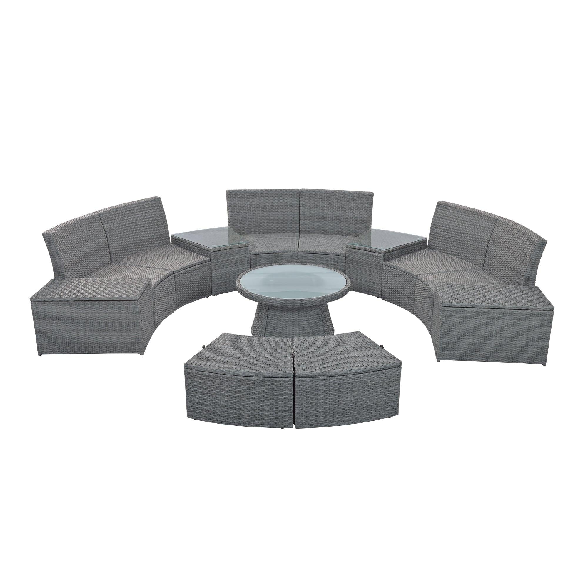 10 PCS Outdoor Patio Rattan Sectional Half Round Sofa Set withStorage Box and Light Gray Cushion