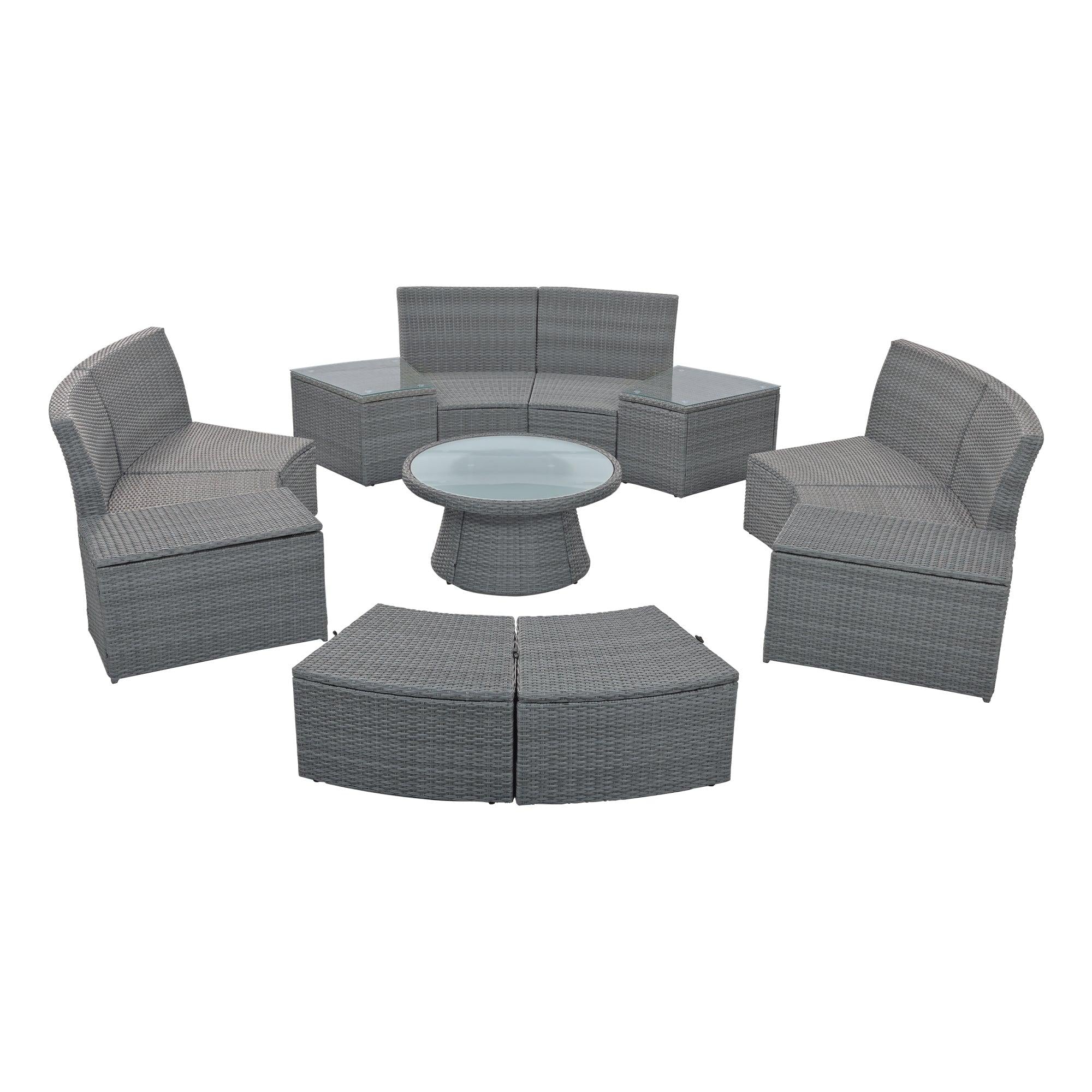 10 PCS Outdoor Patio Rattan Sectional Half Round Sofa Set withStorage Box and Light Gray Cushion