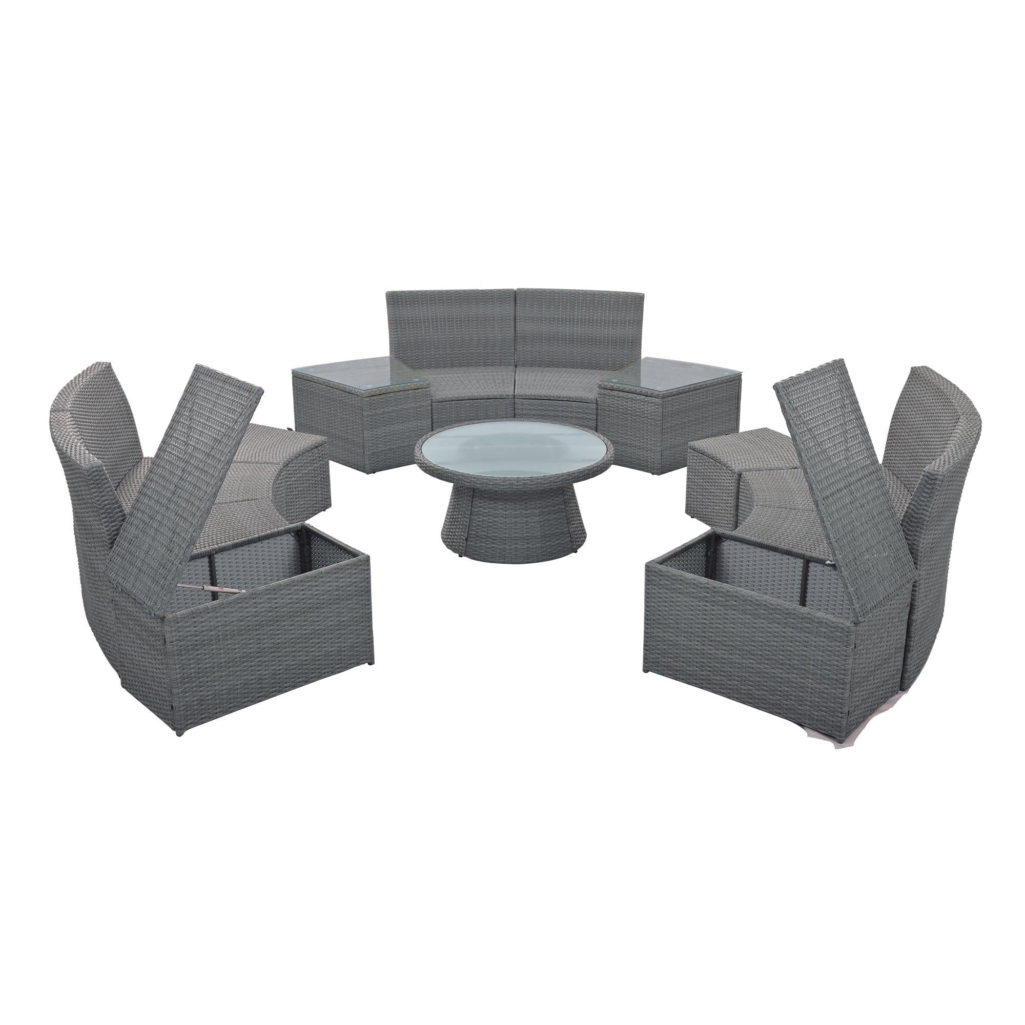 10 PCS Outdoor Patio Rattan Sectional Half Round Sofa Set withStorage Box and Light Gray Cushion