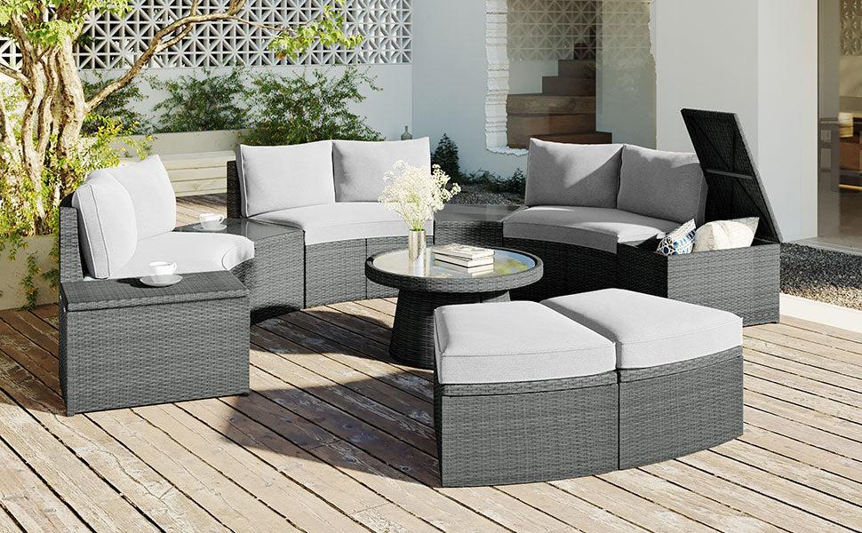 10 PCS Outdoor Patio Rattan Sectional Half Round Sofa Set withStorage Box and Light Gray Cushion