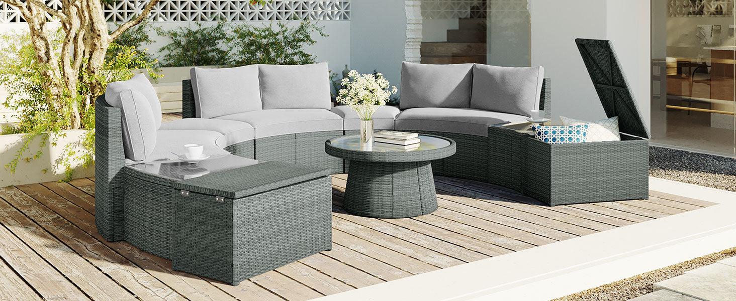 10 PCS Outdoor Patio Rattan Sectional Half Round Sofa Set withStorage Box and Light Gray Cushion