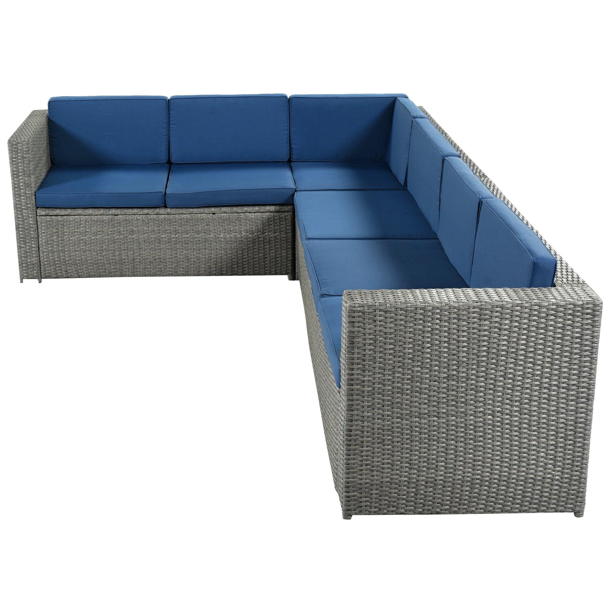 9 PCS Outdoor Gray Rattan Sectional Seating Group with Blue Cushions and Ottoman