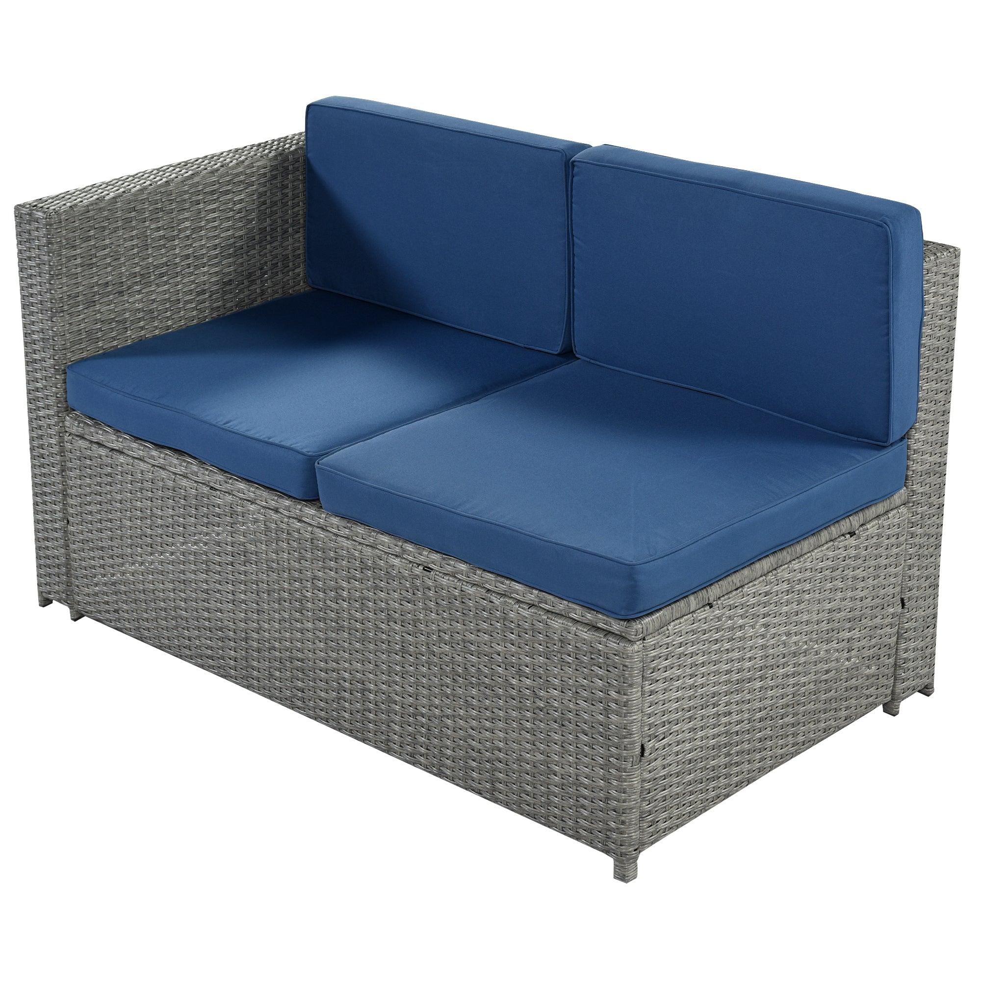 9 PCS Outdoor Gray Rattan Sectional Seating Group with Blue Cushions and Ottoman