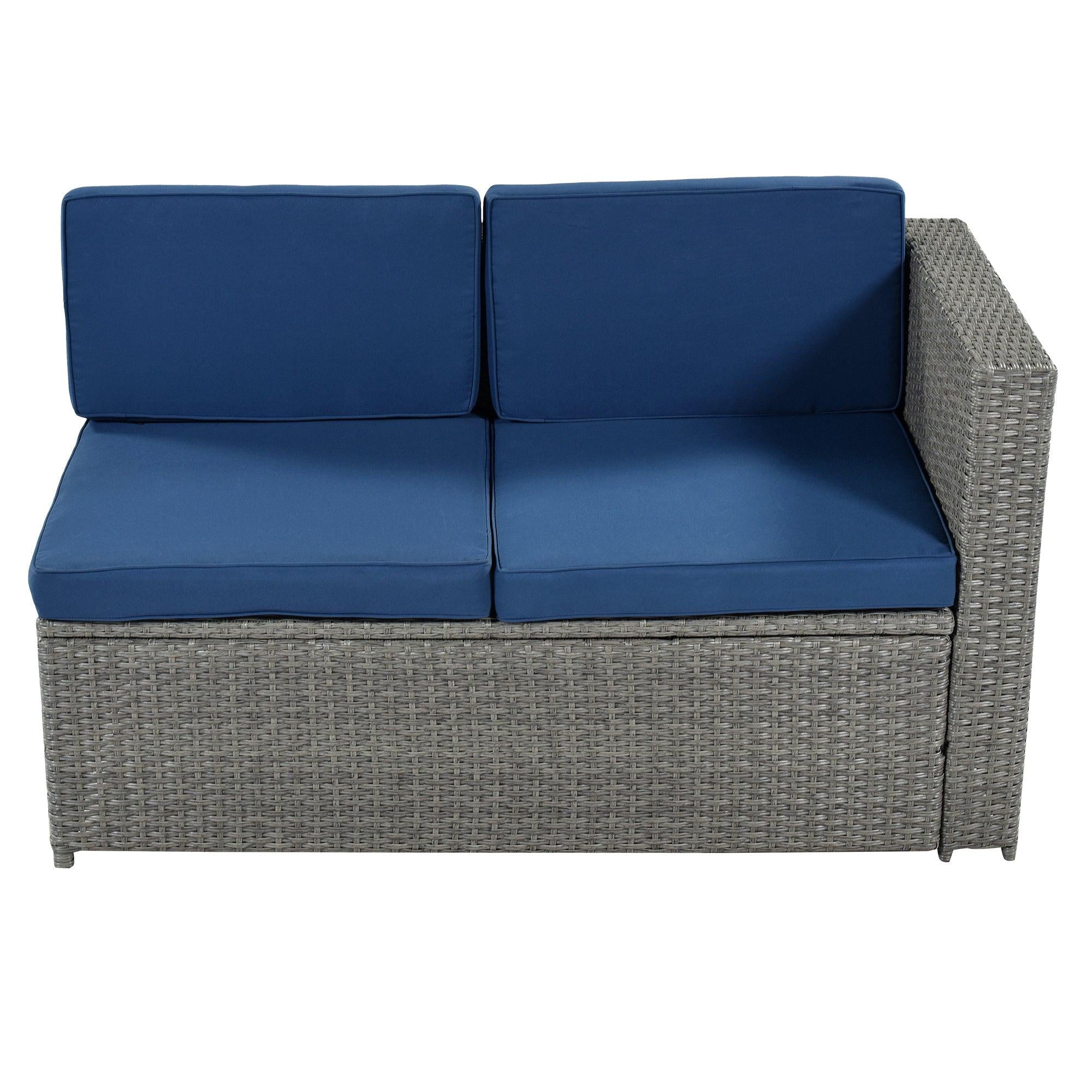 9 PCS Outdoor Gray Rattan Sectional Seating Group with Blue Cushions and Ottoman