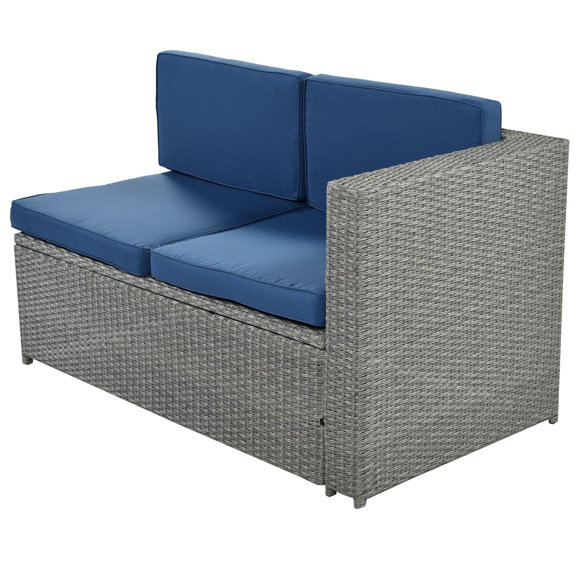 9 PCS Outdoor Gray Rattan Sectional Seating Group with Blue Cushions and Ottoman