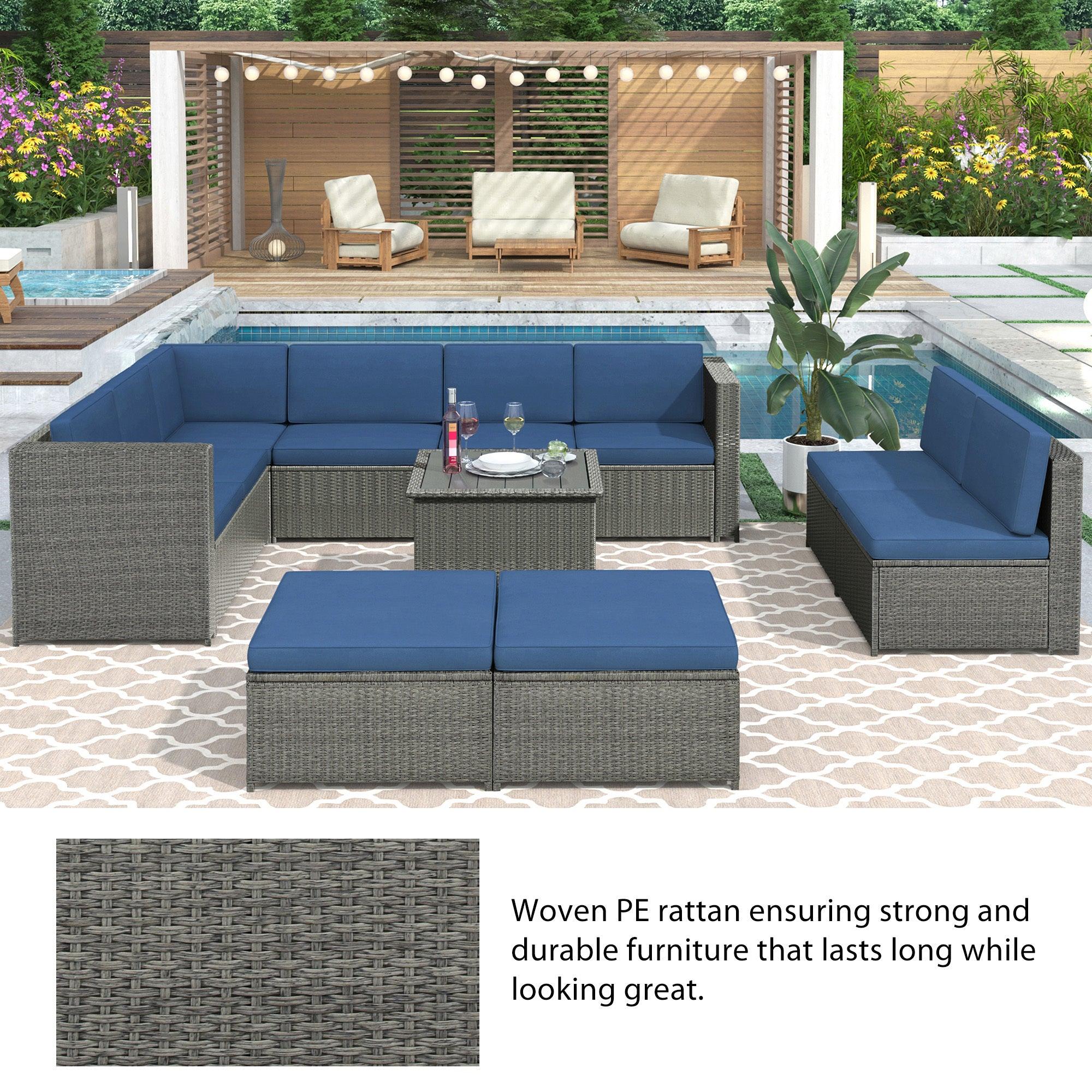 9 PCS Outdoor Gray Rattan Sectional Seating Group with Blue Cushions and Ottoman