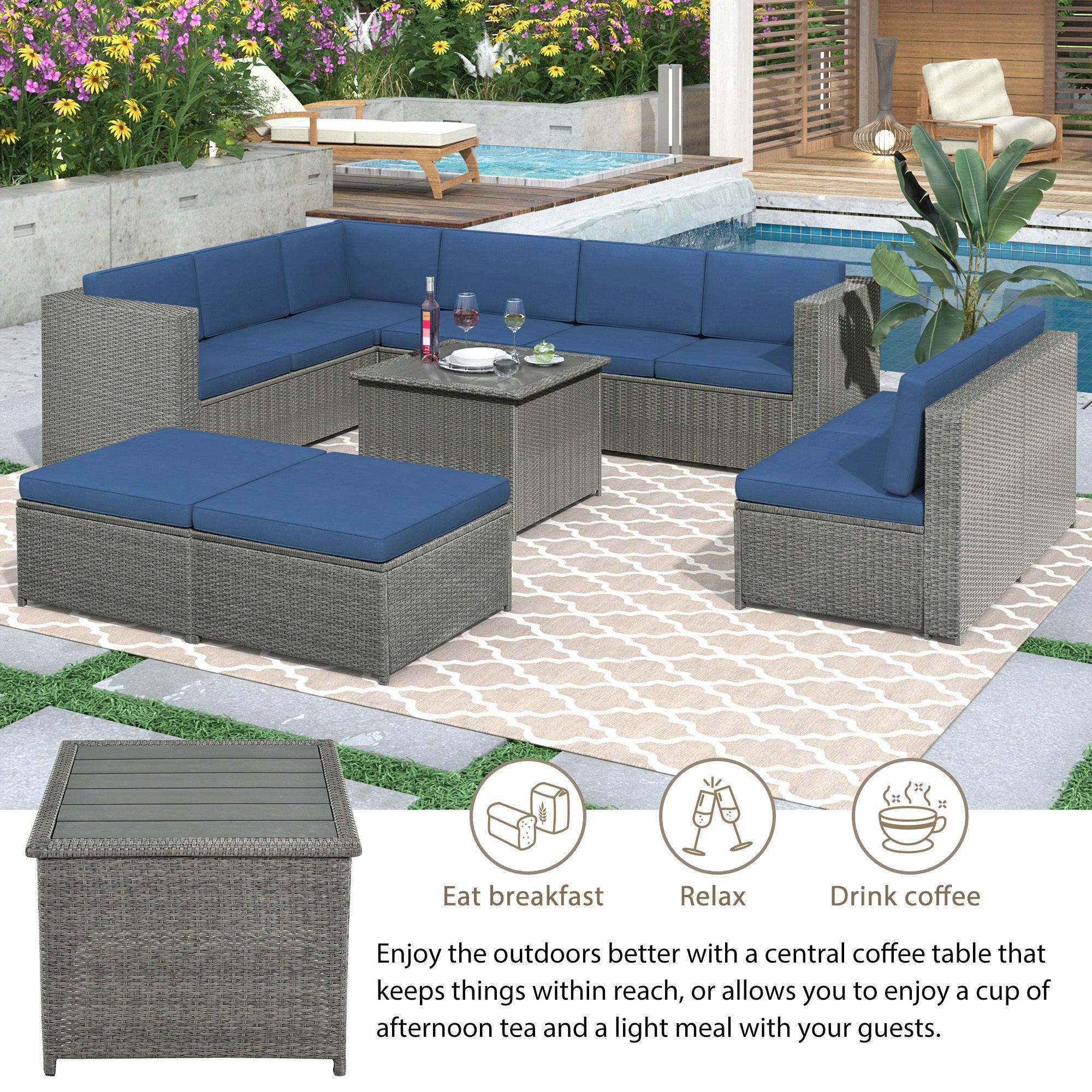 9 PCS Outdoor Gray Rattan Sectional Seating Group with Blue Cushions and Ottoman