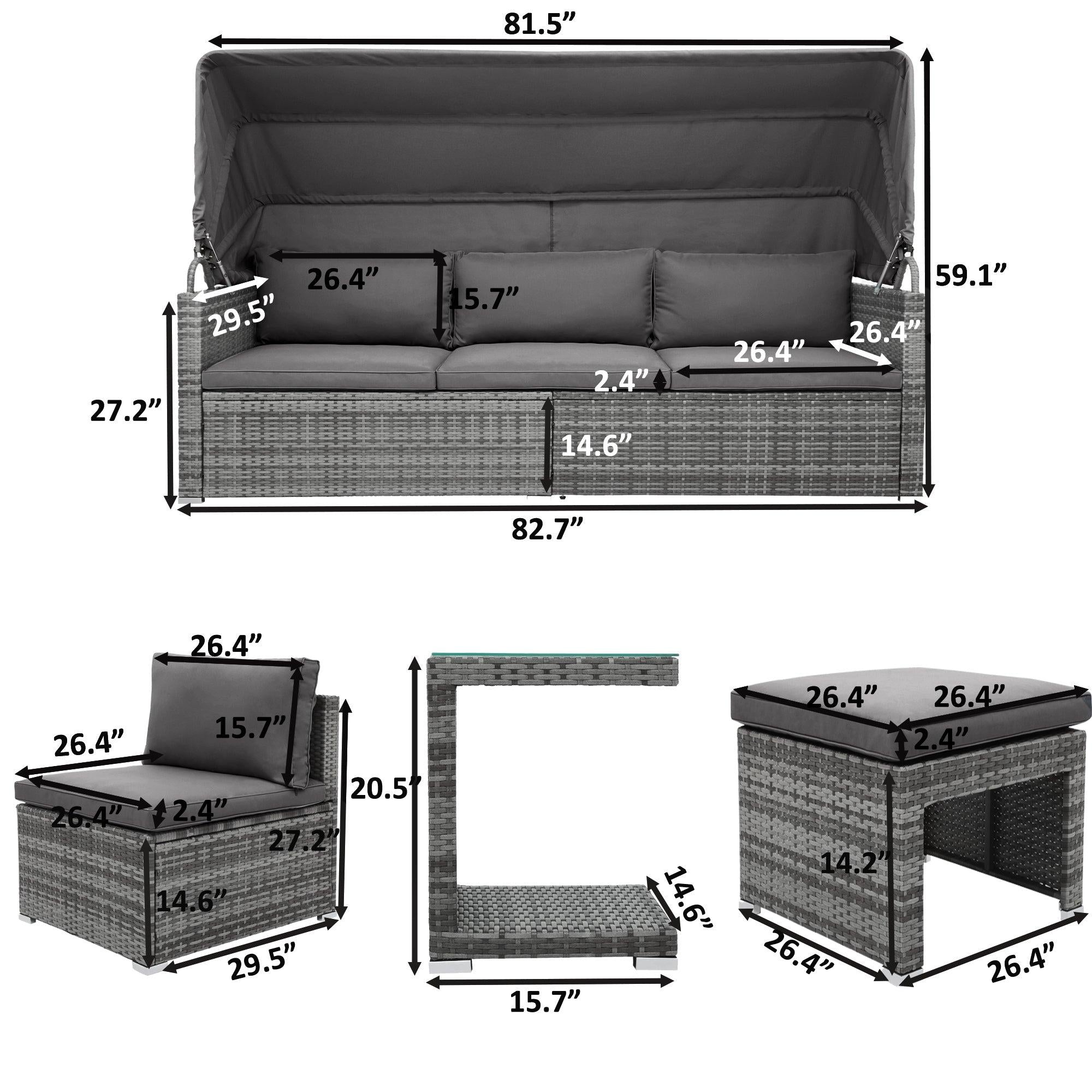 5 PCS Outdoor Patio Rattan Sectional Sofa Daybed Set with Canopy and Tempered Glass Side Table - Gray