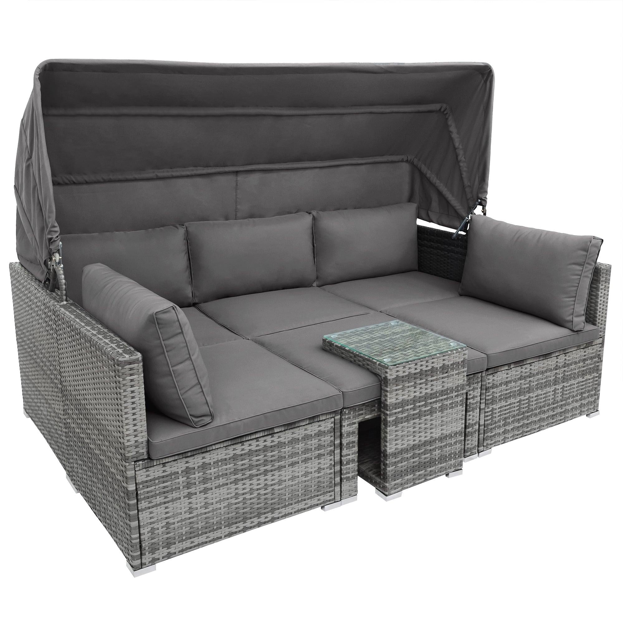 5 PCS Outdoor Patio Rattan Sectional Sofa Daybed Set with Canopy and Tempered Glass Side Table - Gray