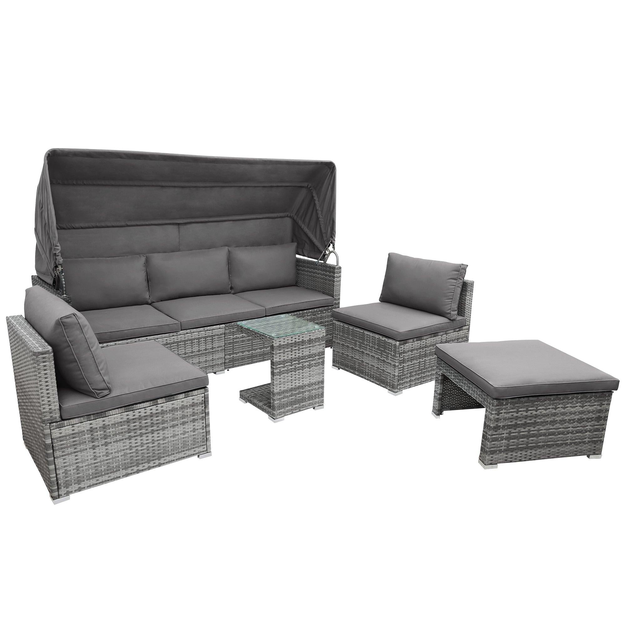 5 PCS Outdoor Patio Rattan Sectional Sofa Daybed Set with Canopy and Tempered Glass Side Table - Gray