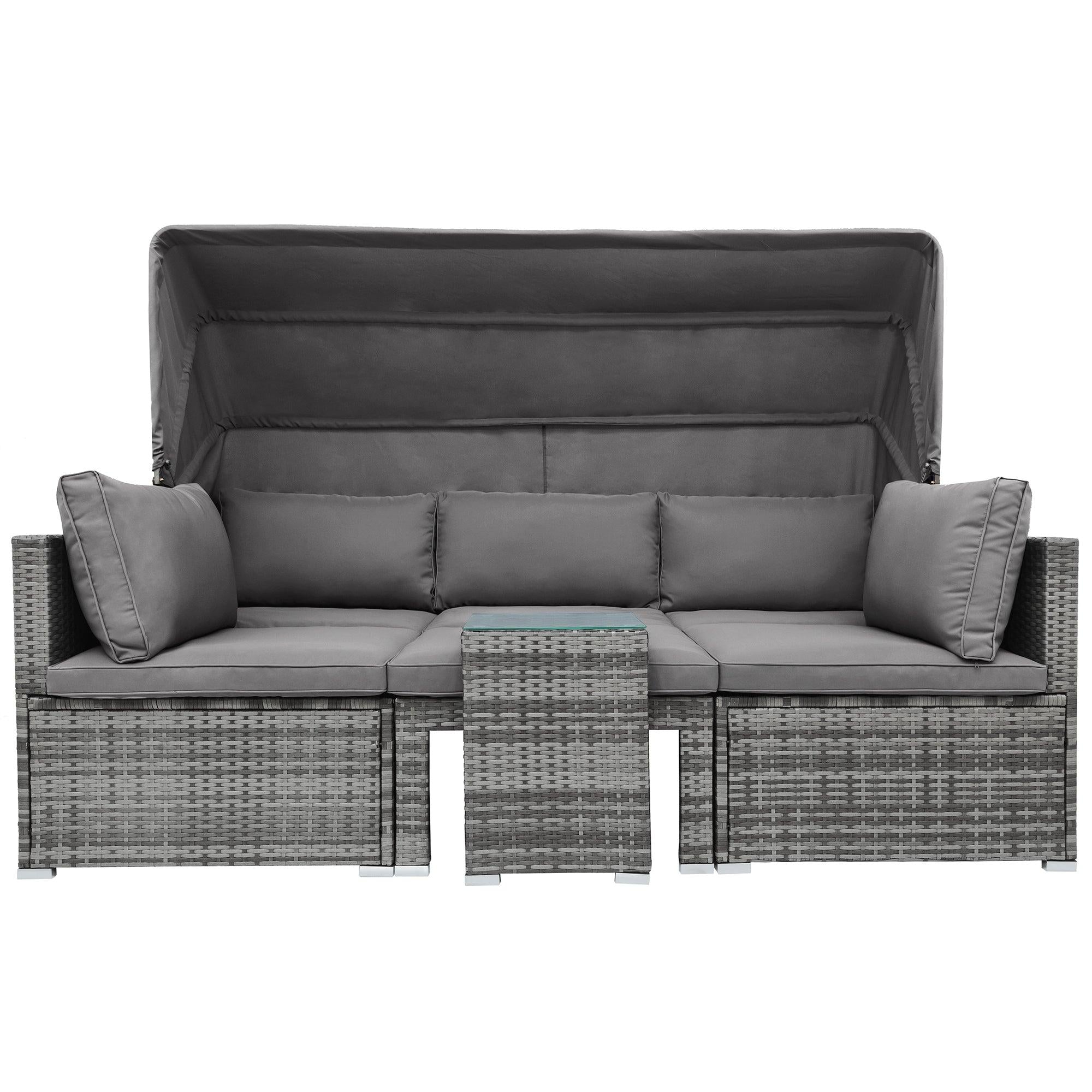 5 PCS Outdoor Patio Rattan Sectional Sofa Daybed Set with Canopy and Tempered Glass Side Table - Gray