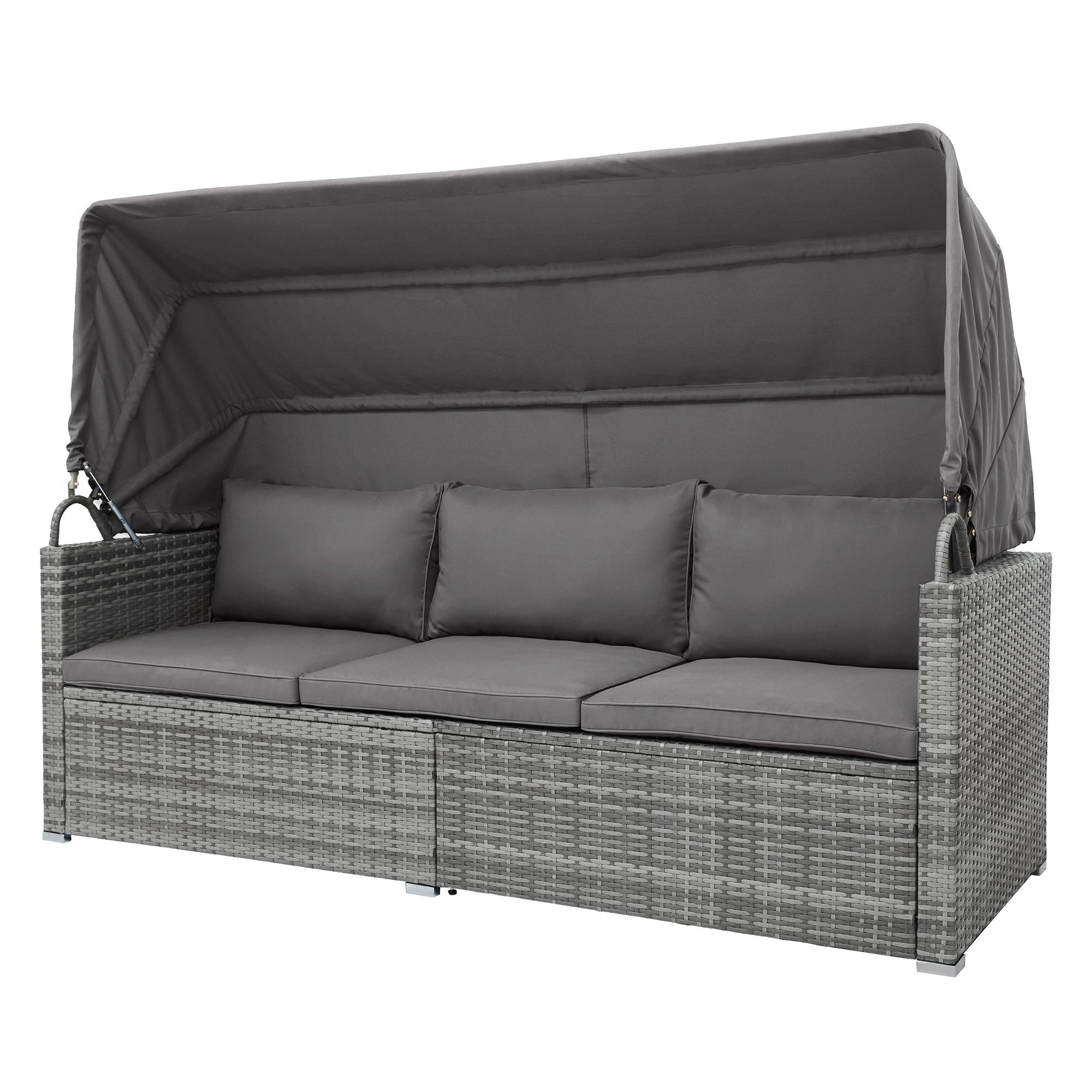 5 PCS Outdoor Patio Rattan Sectional Sofa Daybed Set with Canopy and Tempered Glass Side Table - Gray