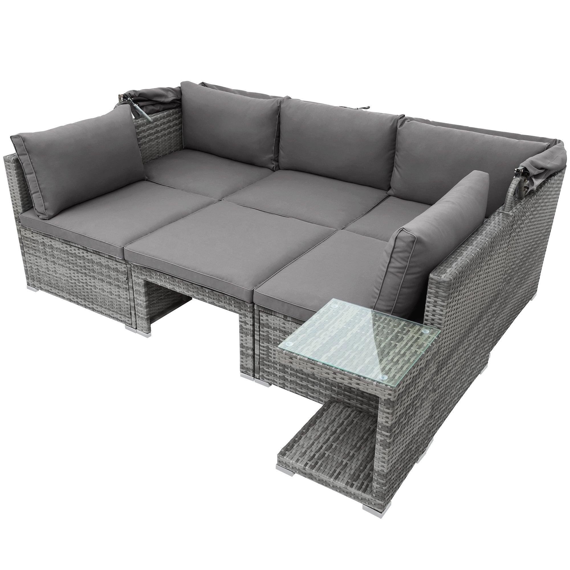 5 PCS Outdoor Patio Rattan Sectional Sofa Daybed Set with Canopy and Tempered Glass Side Table - Gray