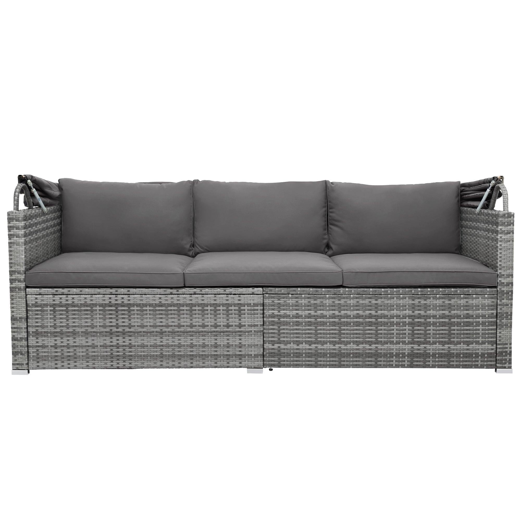 5 PCS Outdoor Patio Rattan Sectional Sofa Daybed Set with Canopy and Tempered Glass Side Table - Gray