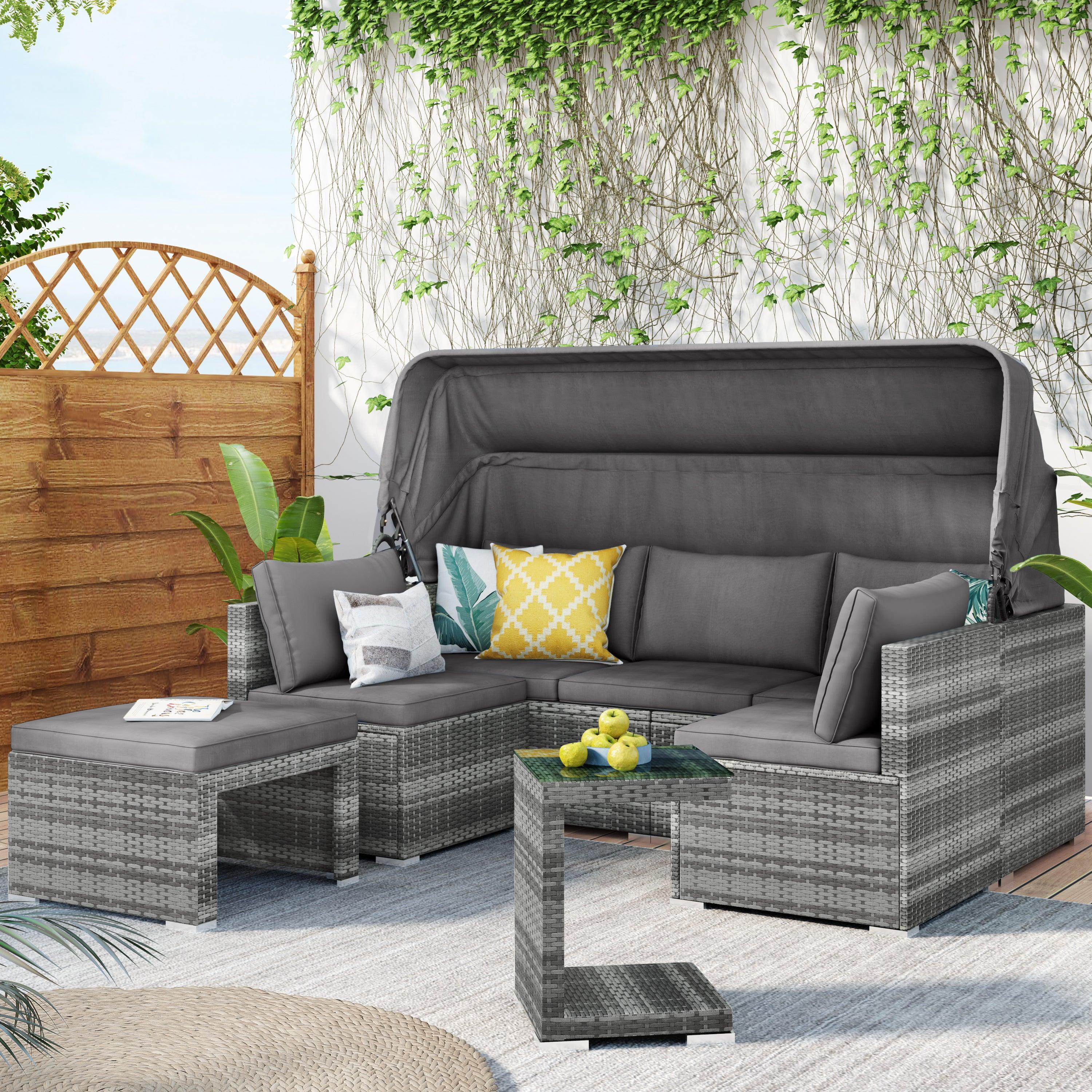 5 PCS Outdoor Patio Rattan Sectional Sofa Daybed Set with Canopy and Tempered Glass Side Table - Gray