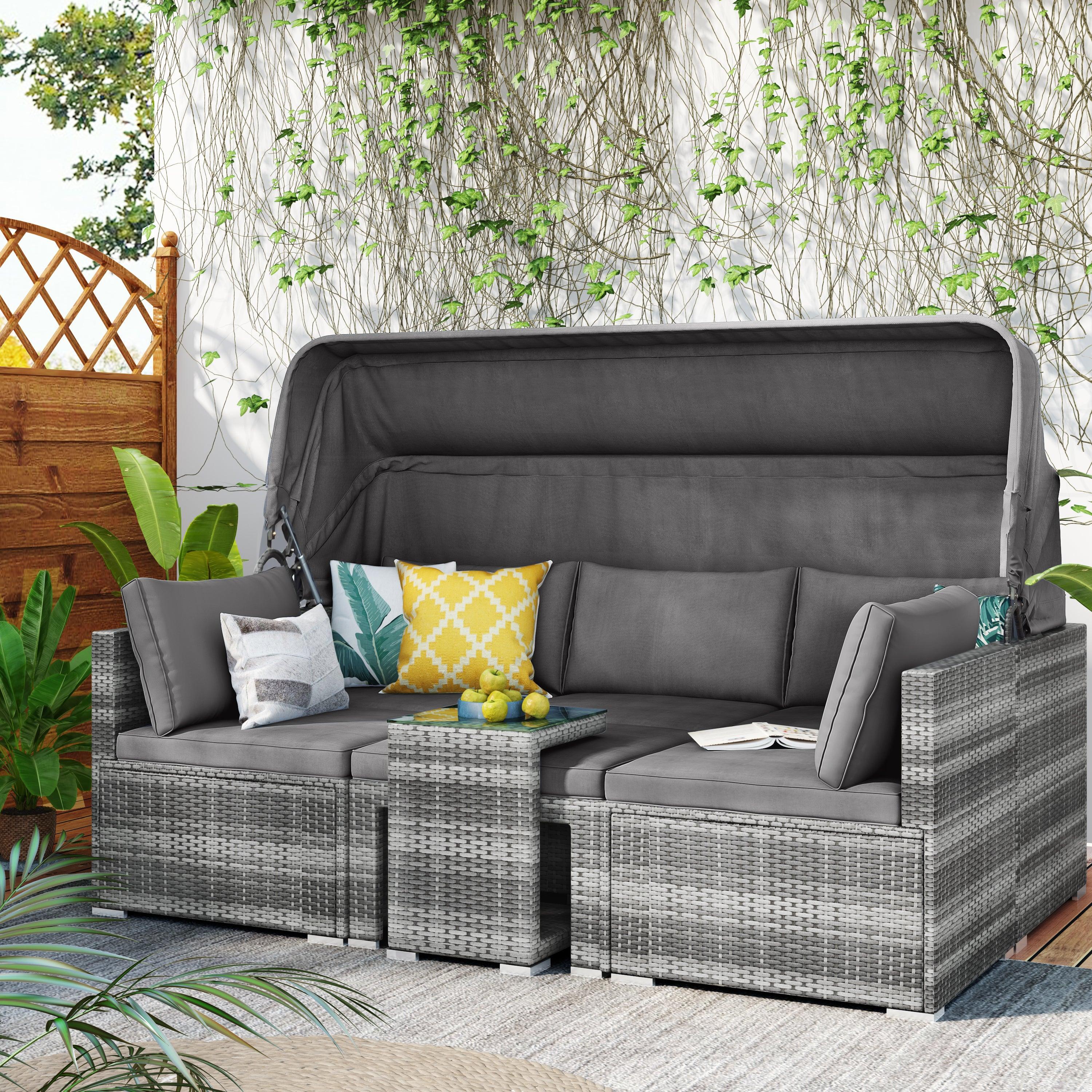 5 PCS Outdoor Patio Rattan Sectional Sofa Daybed Set with Canopy and Tempered Glass Side Table - Gray