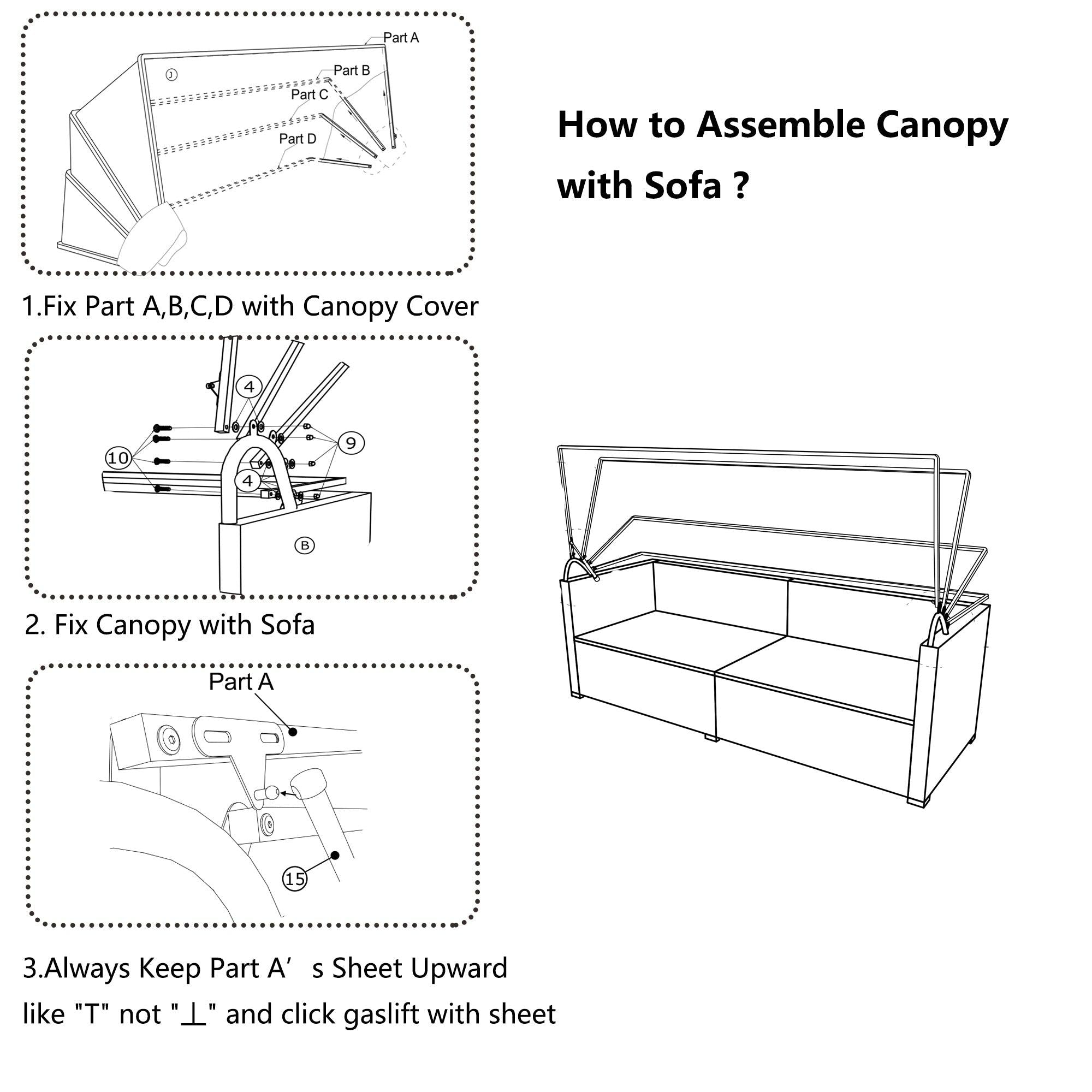 5 PCS Outdoor Patio Rattan Sectional Sofa Daybed Set with Canopy and Tempered Glass Side Table - Gray