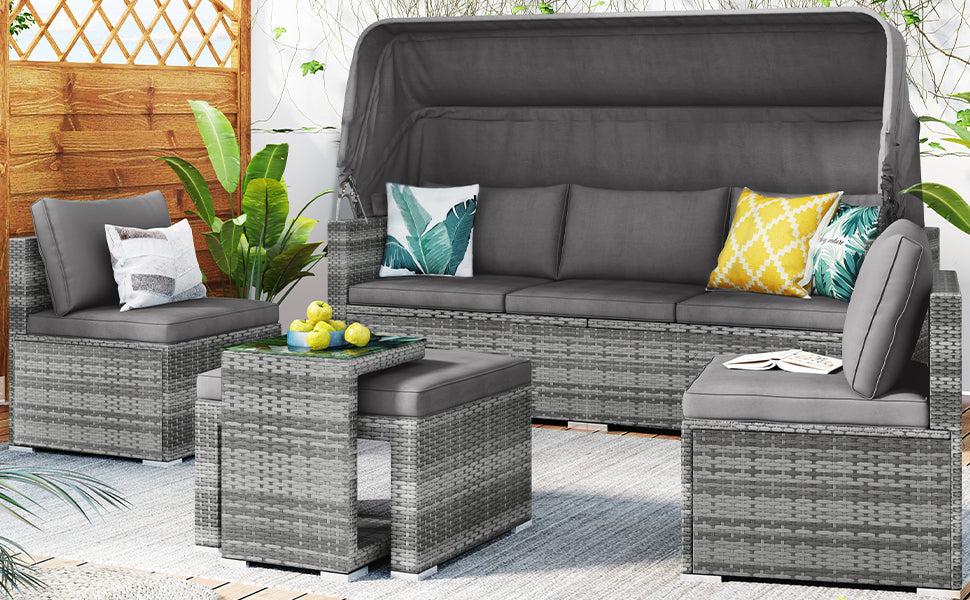 5 PCS Outdoor Patio Rattan Sectional Sofa Daybed Set with Canopy and Tempered Glass Side Table - Gray