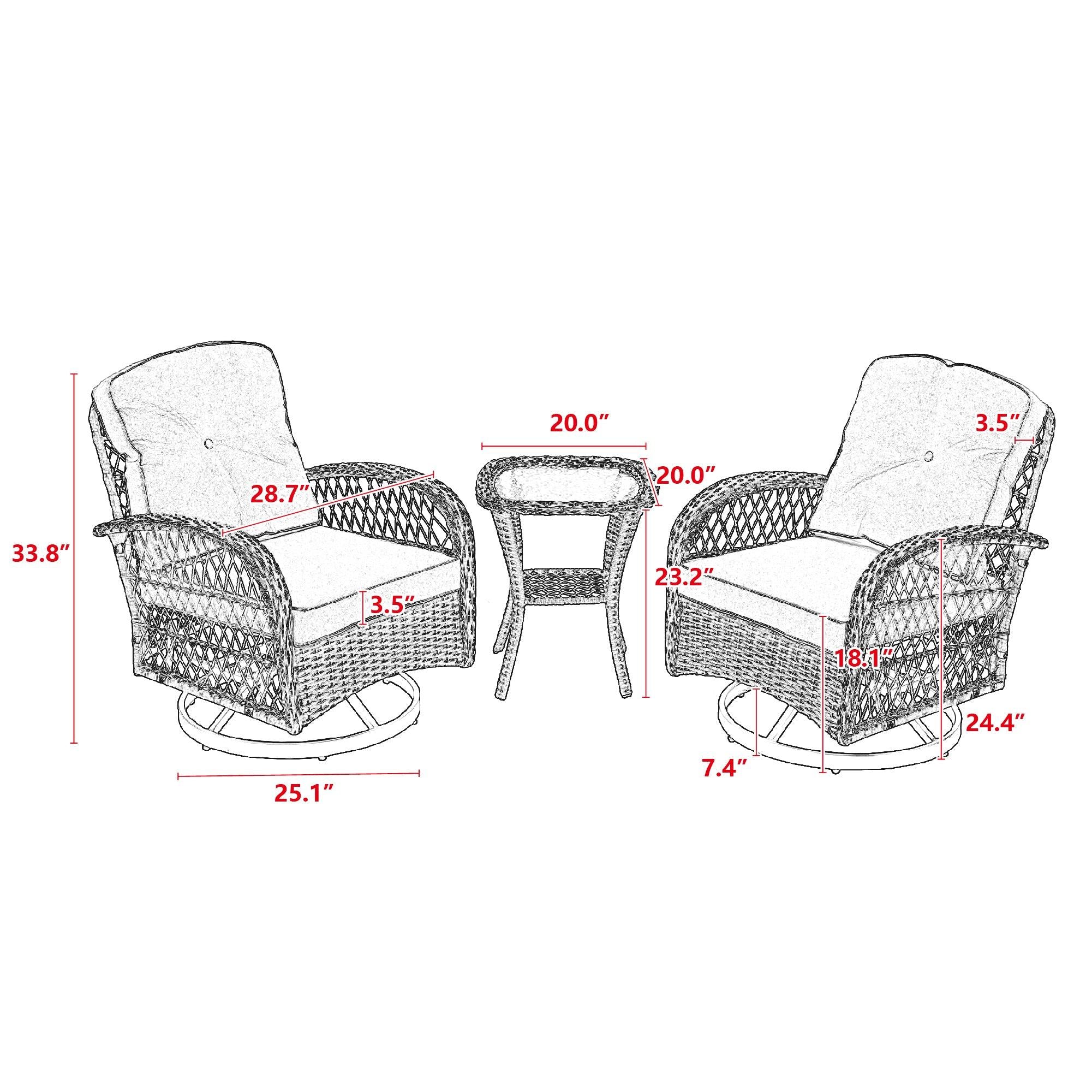 3 PCS Outdoor PatioModern Wicker Set with Table, Swivel Base Chairs and Brown Cushions