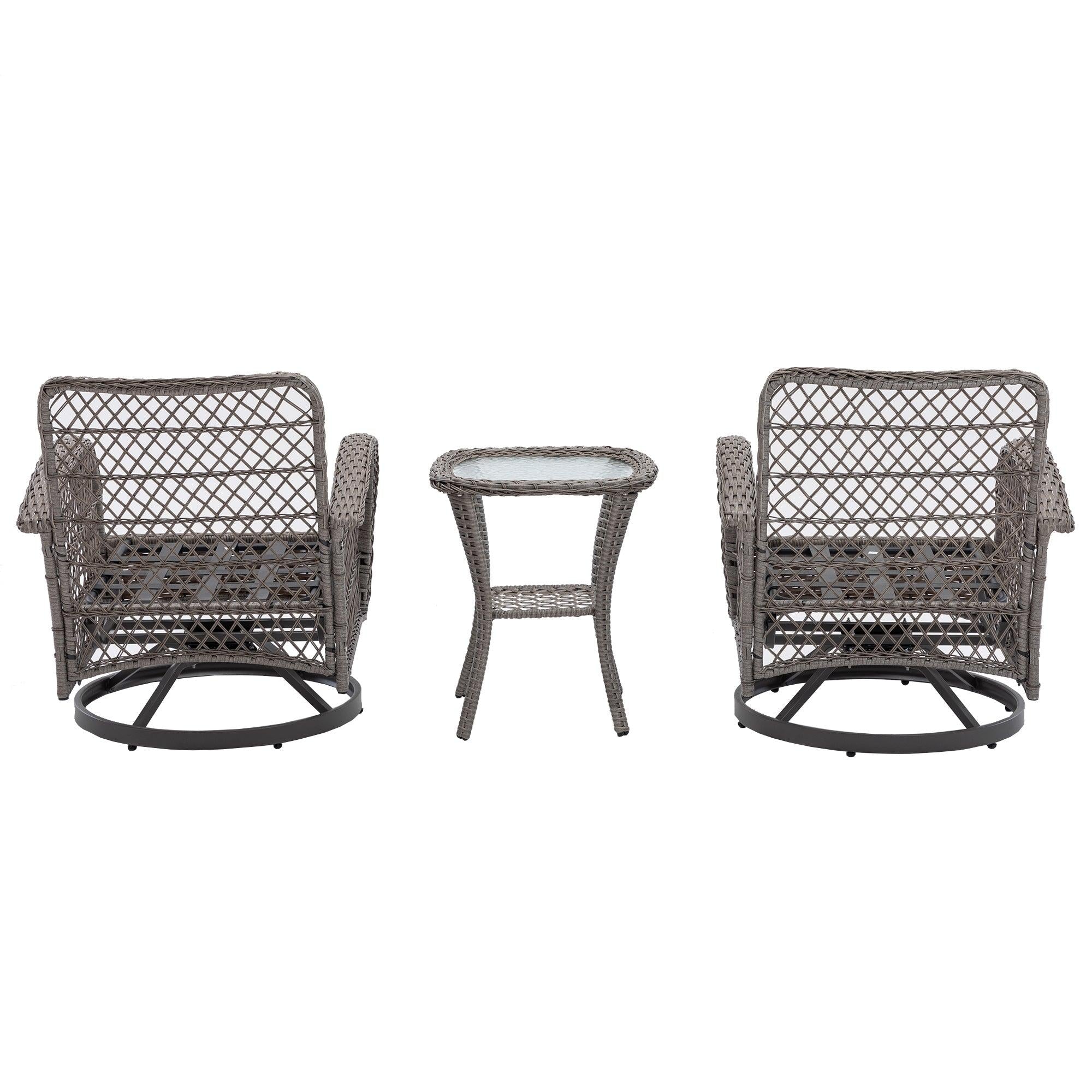 3 PCS Outdoor PatioModern Wicker Set with Table, Swivel Base Chairs and Navy Blue Cushions