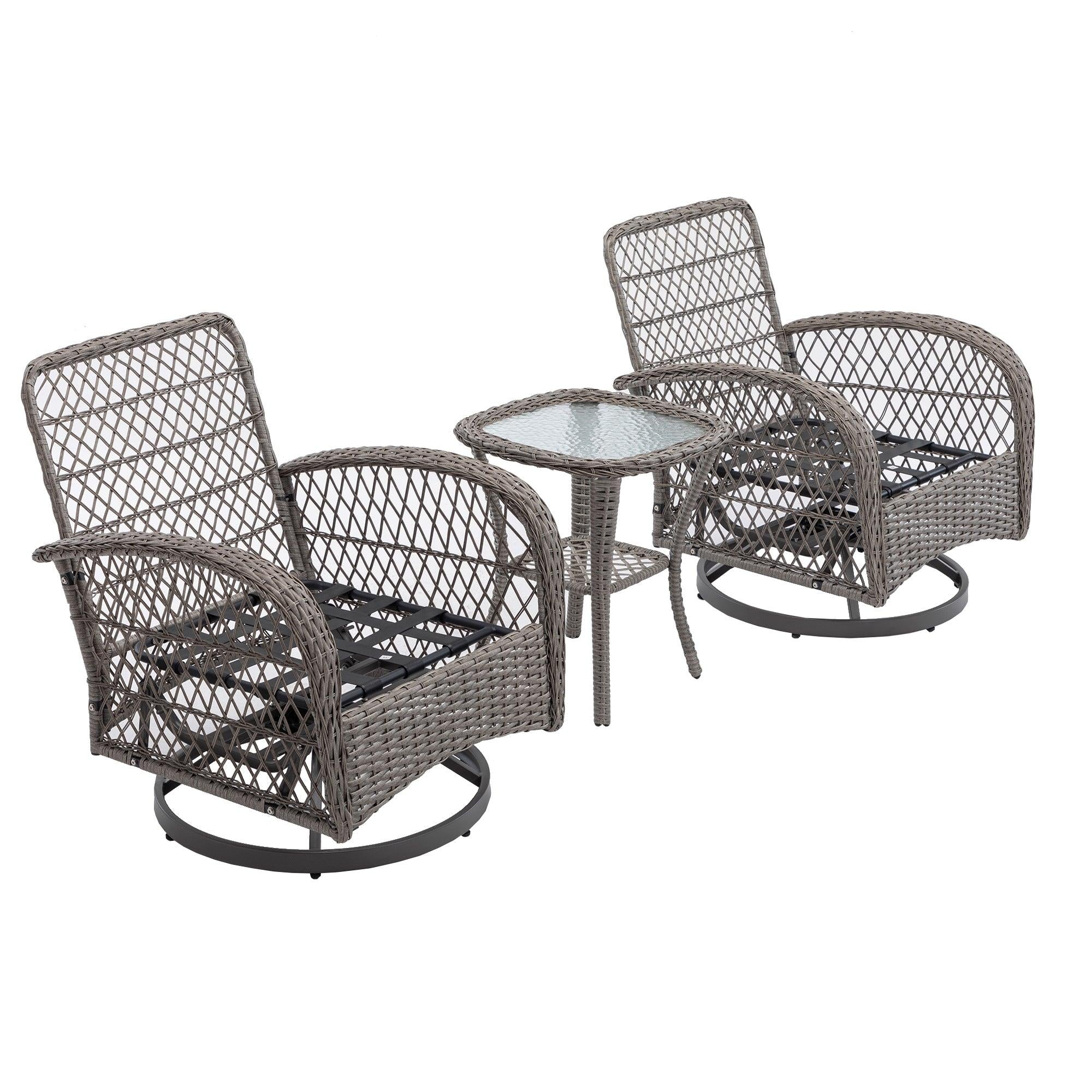 3 PCS Outdoor PatioModern Wicker Set with Table, Swivel Base Chairs and Gray Cushions