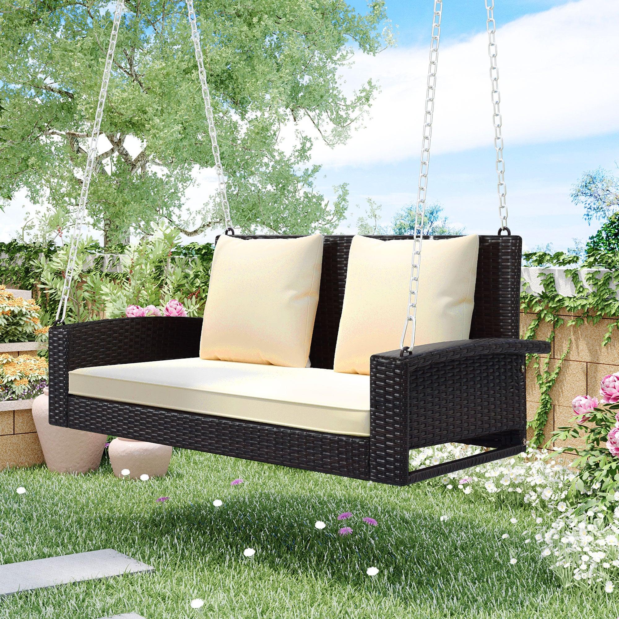 2-Person Brown Wicker Hanging Porch Swing with Chains, White Cushions and Pillows